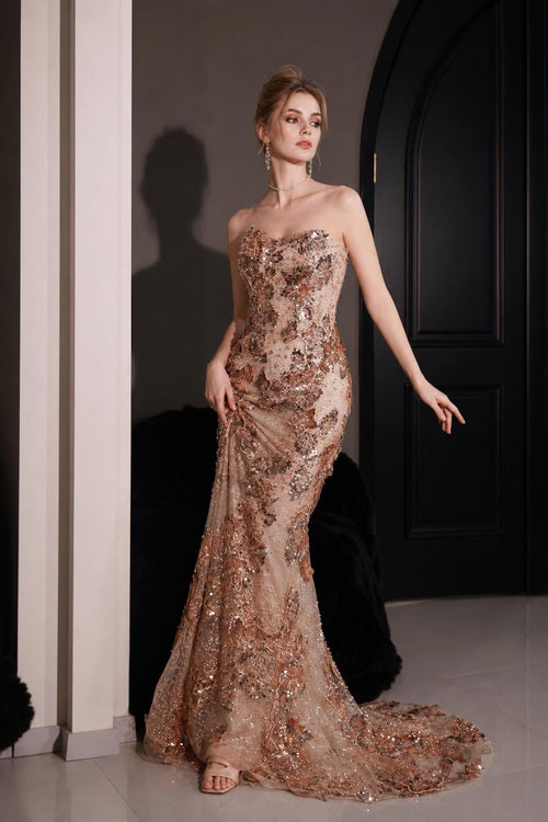 Champagne 3D Floral Sequin Mermaid Evening Dress Strapless Formal Gown