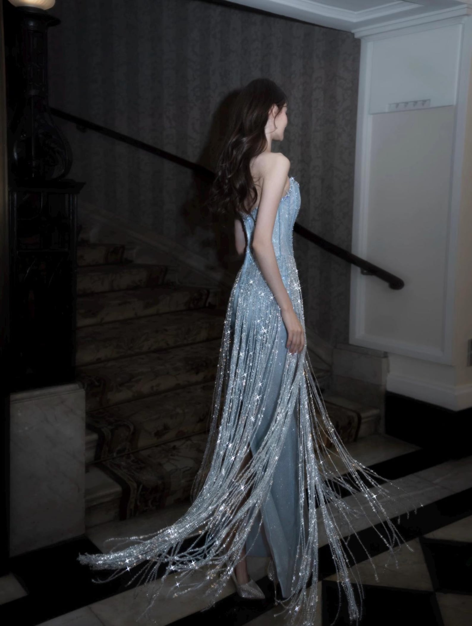 Dusty Blue Rhinestone Fringe Evening Gown Strapless Boned Corset Mermaid Formal Dress with Sheer Cape for Wedding Reception Gala Pageant