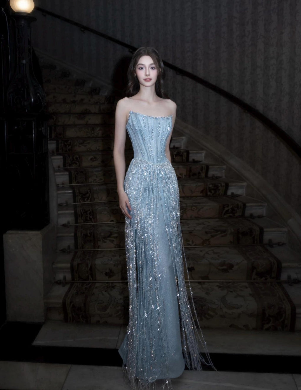 Dusty Blue Rhinestone Fringe Evening Gown Strapless Boned Corset Mermaid Formal Dress with Sheer Cape for Wedding Reception Gala Pageant