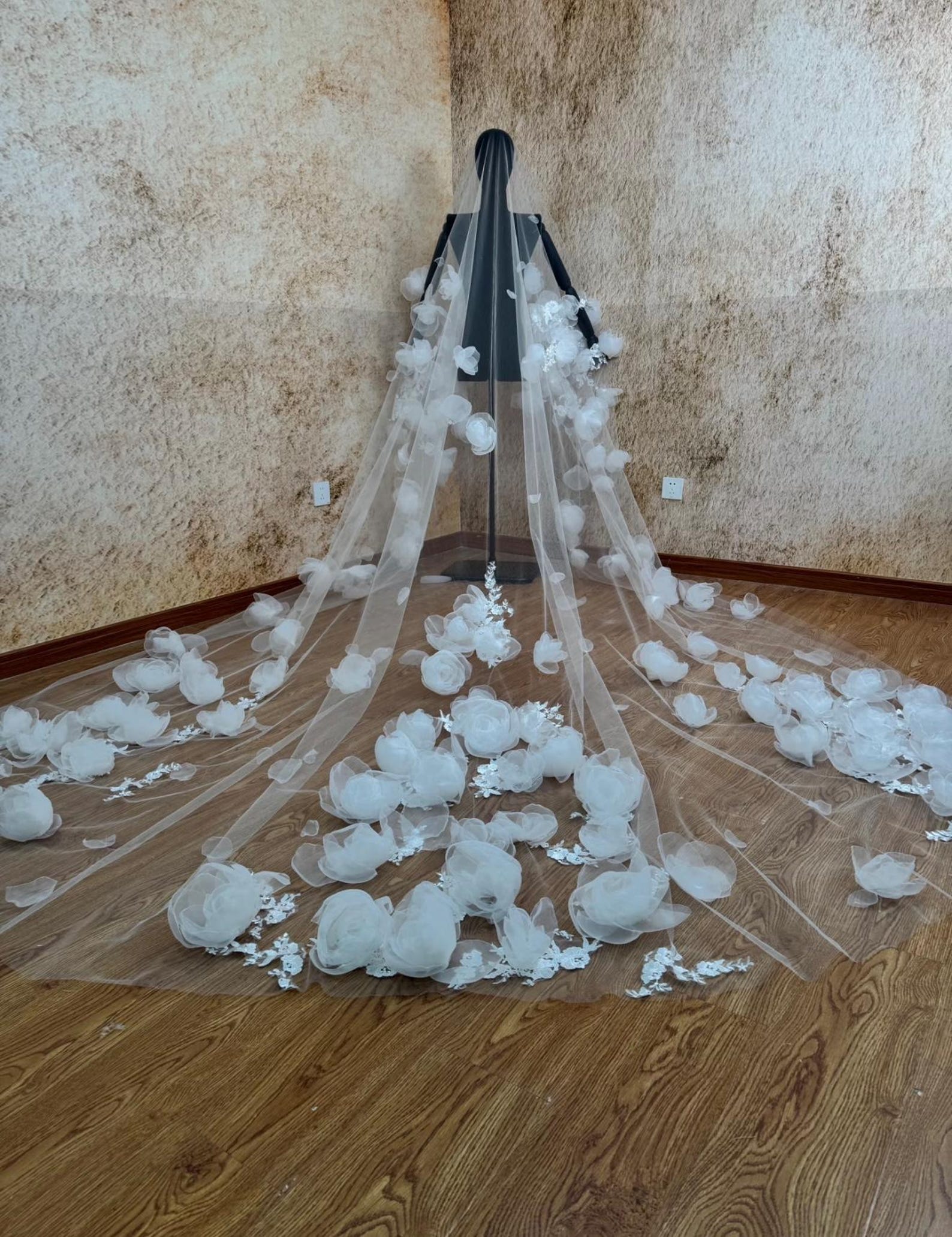 Fairytale 3D Floral Cathedral Veil, Handcrafted White Rose Bridal Veil, Long Tulle Wedding Veil with Scattered Flowers