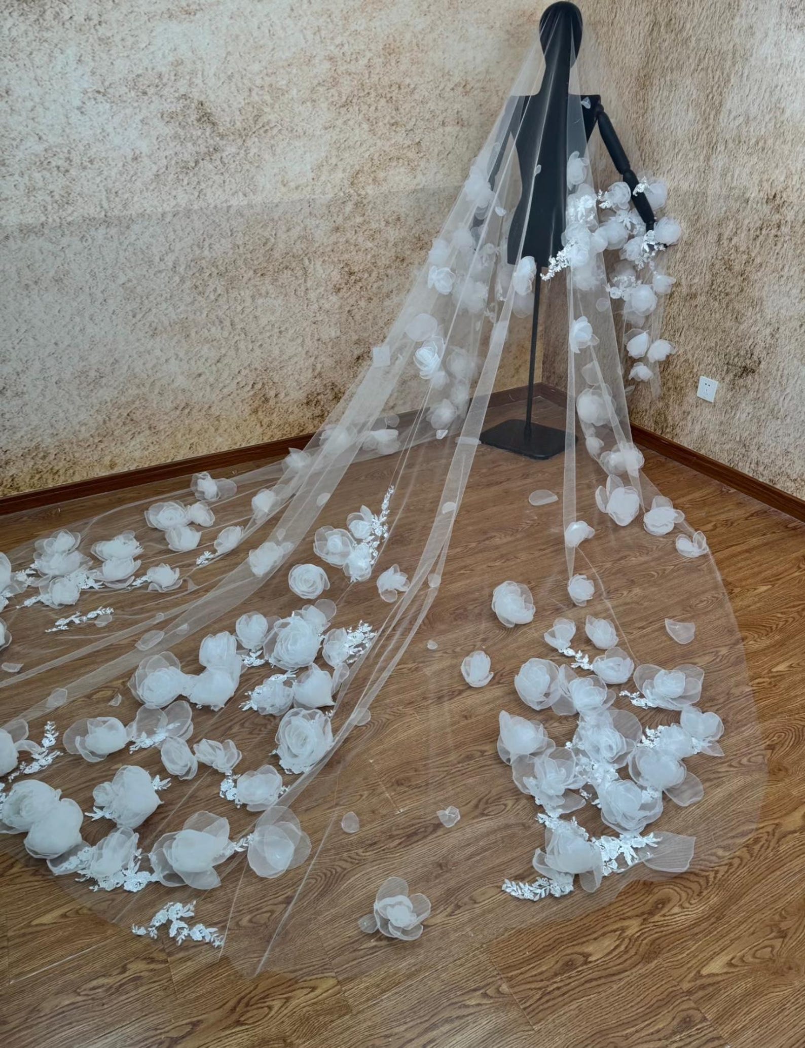 Fairytale 3D Floral Cathedral Veil, Handcrafted White Rose Bridal Veil, Long Tulle Wedding Veil with Scattered Flowers