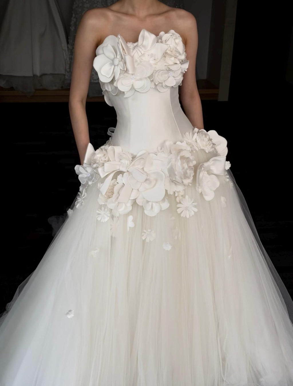 Strapless 3D Floral Wedding Gown, Handmade White Organza Flower Bridal Dress, Voluminous Tulle Ballgown, Custom Wedding Dress