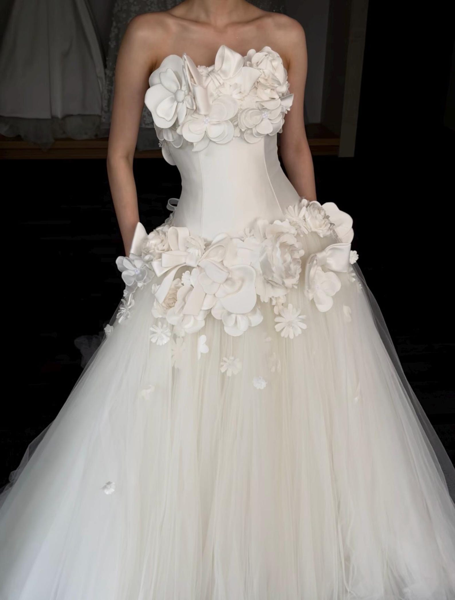 Strapless 3D Floral Wedding Gown, Handmade White Organza Flower Bridal Dress, Voluminous Tulle Ballgown, Custom Wedding Dress