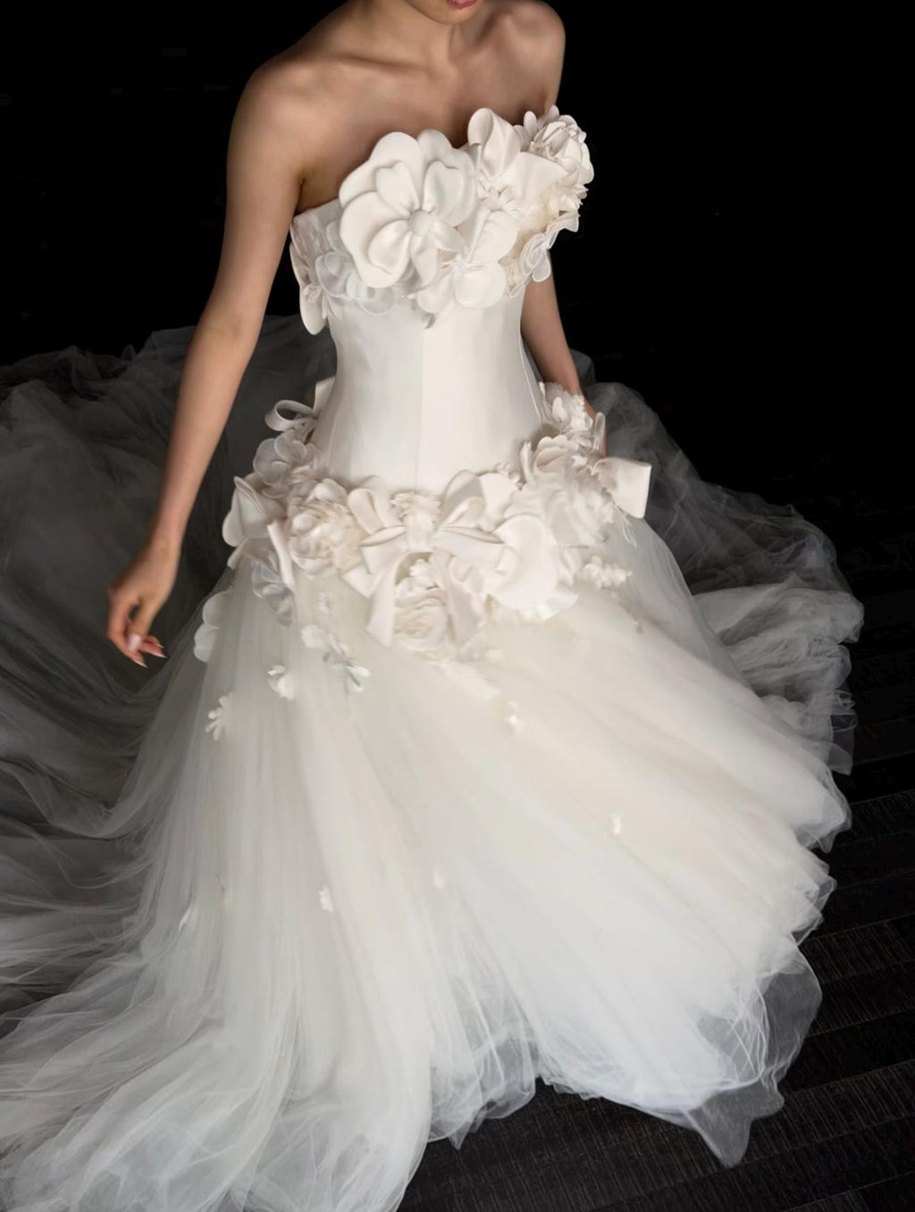 Strapless 3D Floral Wedding Gown, Handmade White Organza Flower Bridal Dress, Voluminous Tulle Ballgown, Custom Wedding Dress