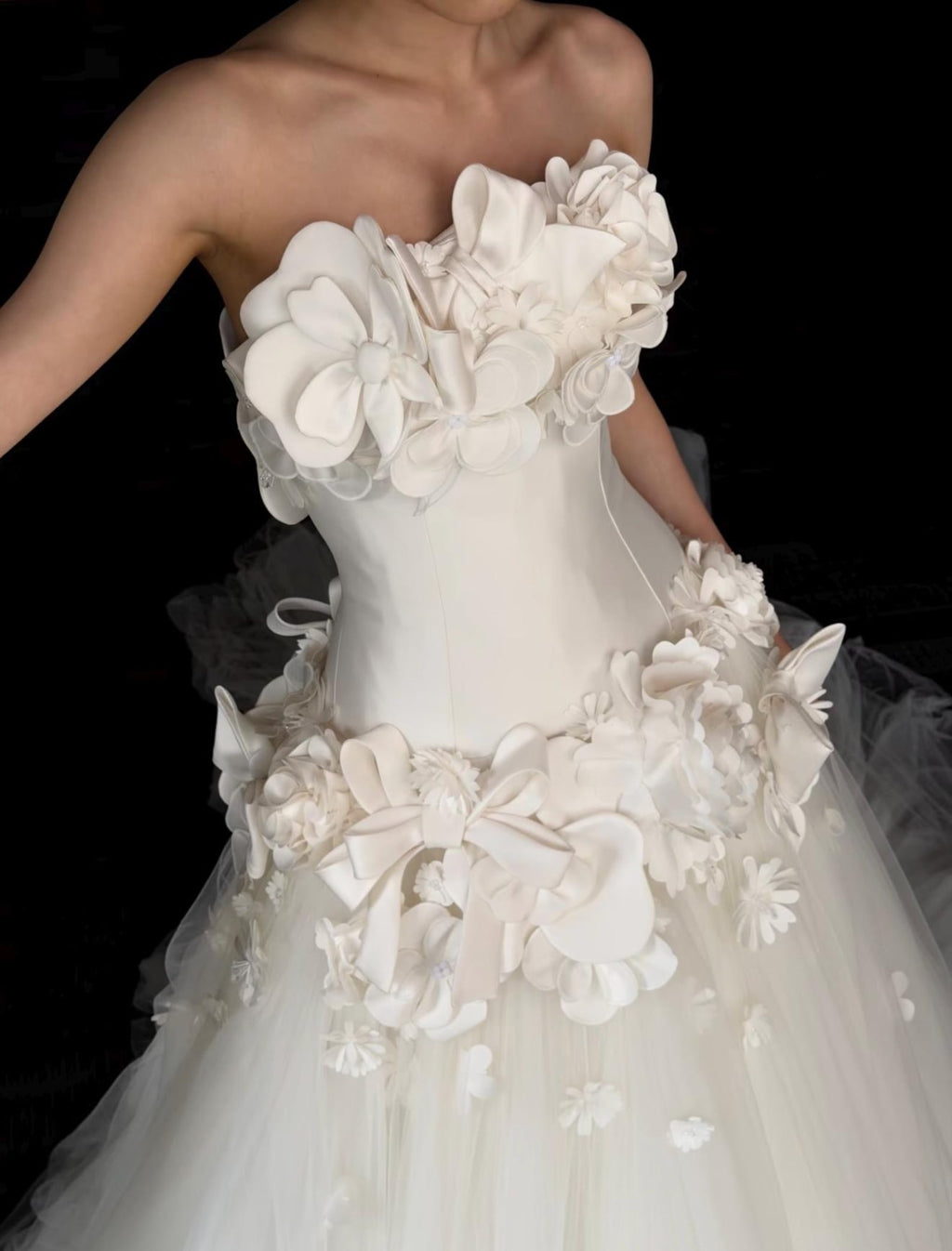 Strapless 3D Floral Wedding Gown, Handmade White Organza Flower Bridal Dress, Voluminous Tulle Ballgown, Custom Wedding Dress