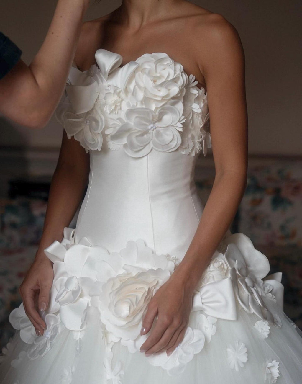 Strapless 3D Floral Wedding Gown, Handmade White Organza Flower Bridal Dress, Voluminous Tulle Ballgown, Custom Wedding Dress