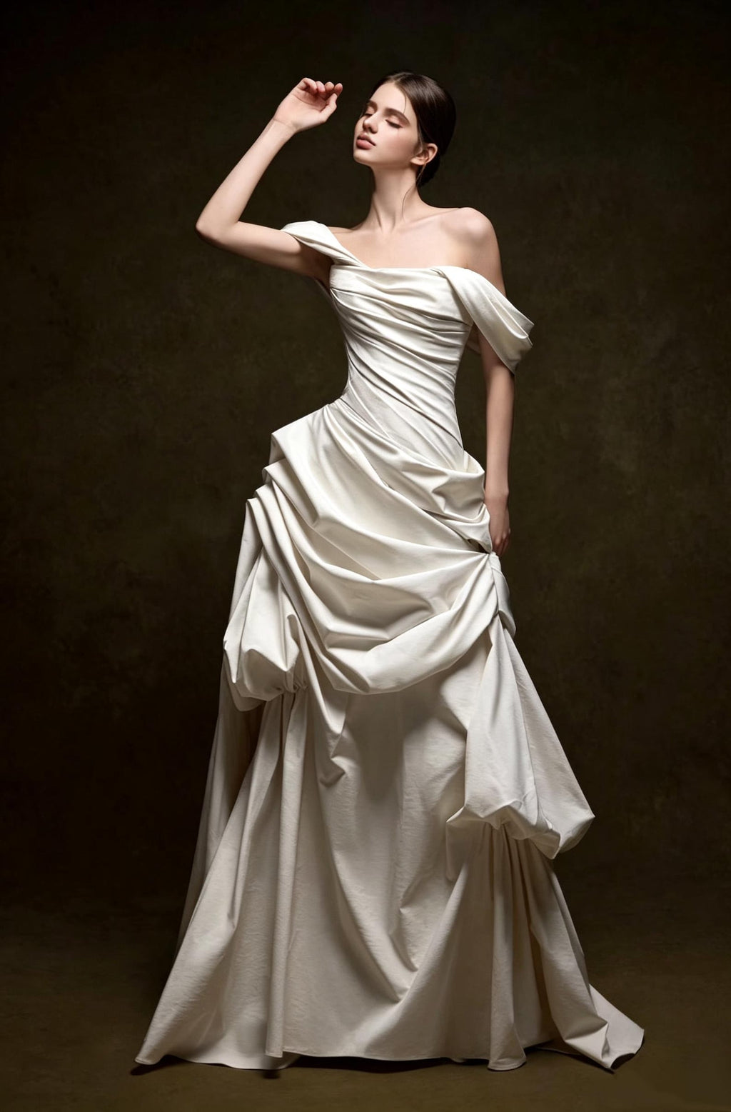 inimalist Off Shoulder Satin Wedding Dress, Asymmetrical Ruched Draped Bridal Gown, Luxury Sculptural Bride Gown