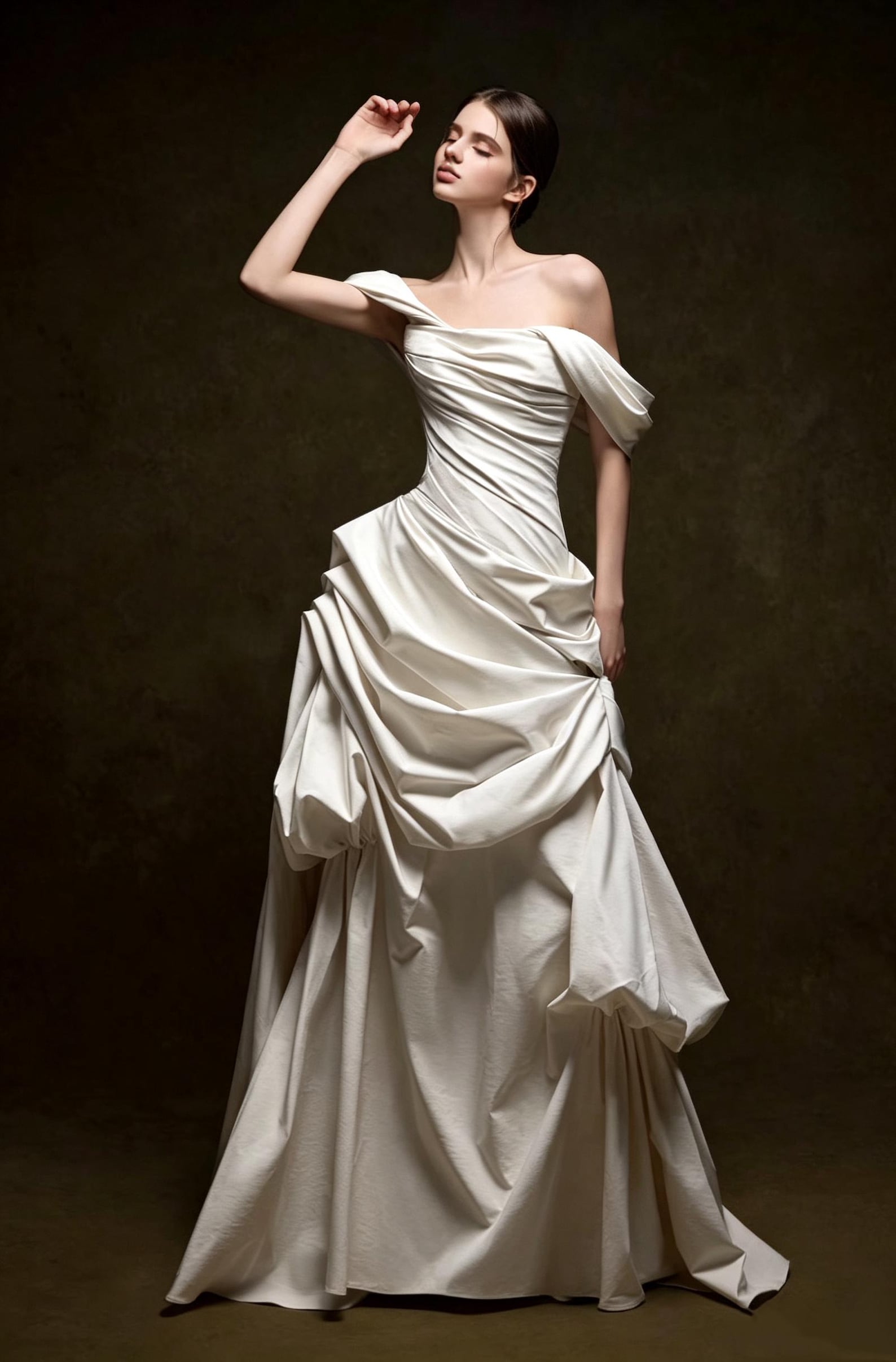 inimalist Off Shoulder Satin Wedding Dress, Asymmetrical Ruched Draped Bridal Gown, Luxury Sculptural Bride Gown