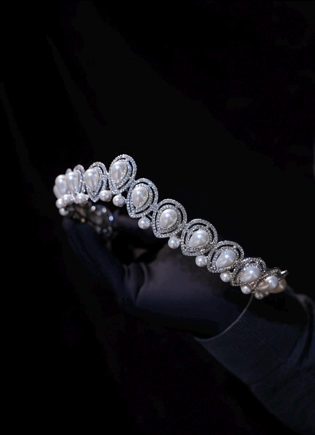 Teardrop Pearl Crystal Bridal Headband, Silver Rhinestone Wedding Tiara For Bride