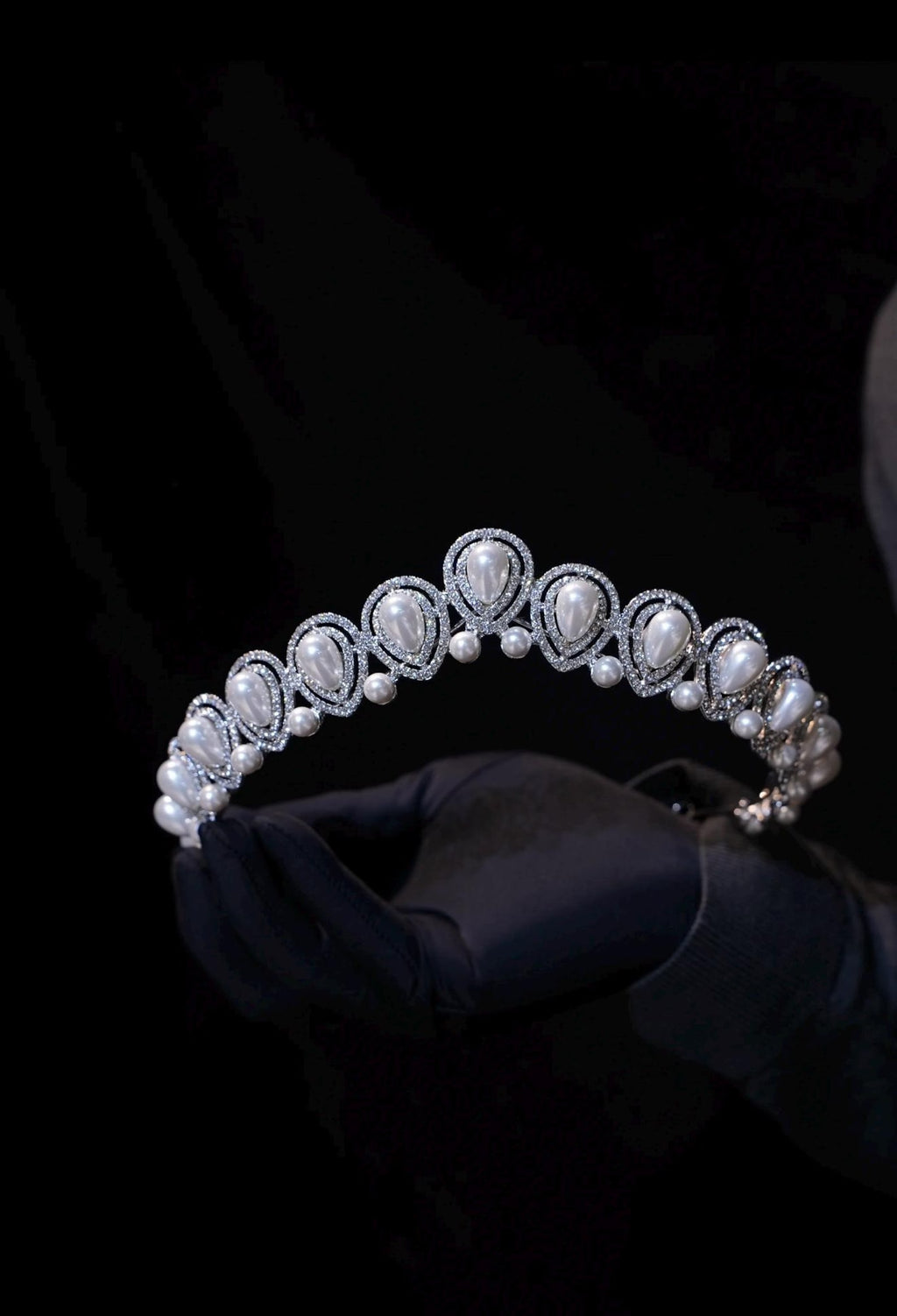 Teardrop Pearl Crystal Bridal Headband, Silver Rhinestone Wedding Tiara For Bride