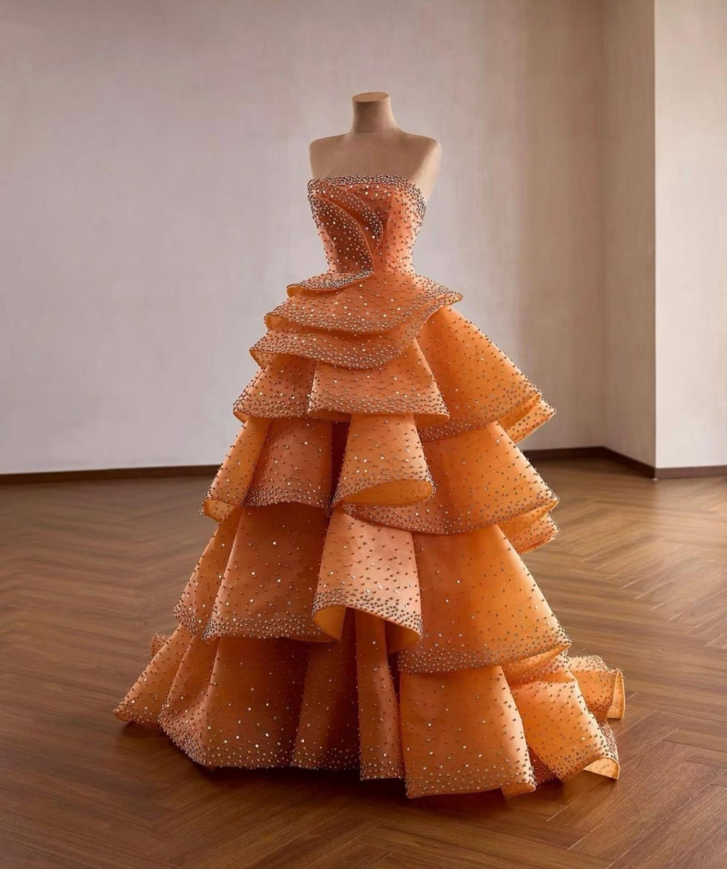 Strapless Burnt Orange Rhinestone Tiered Ball Gown, Luxury Ruffled Evening Dress, Formal Prom Dress, Wedding Guest Pageant Gown Custom Size