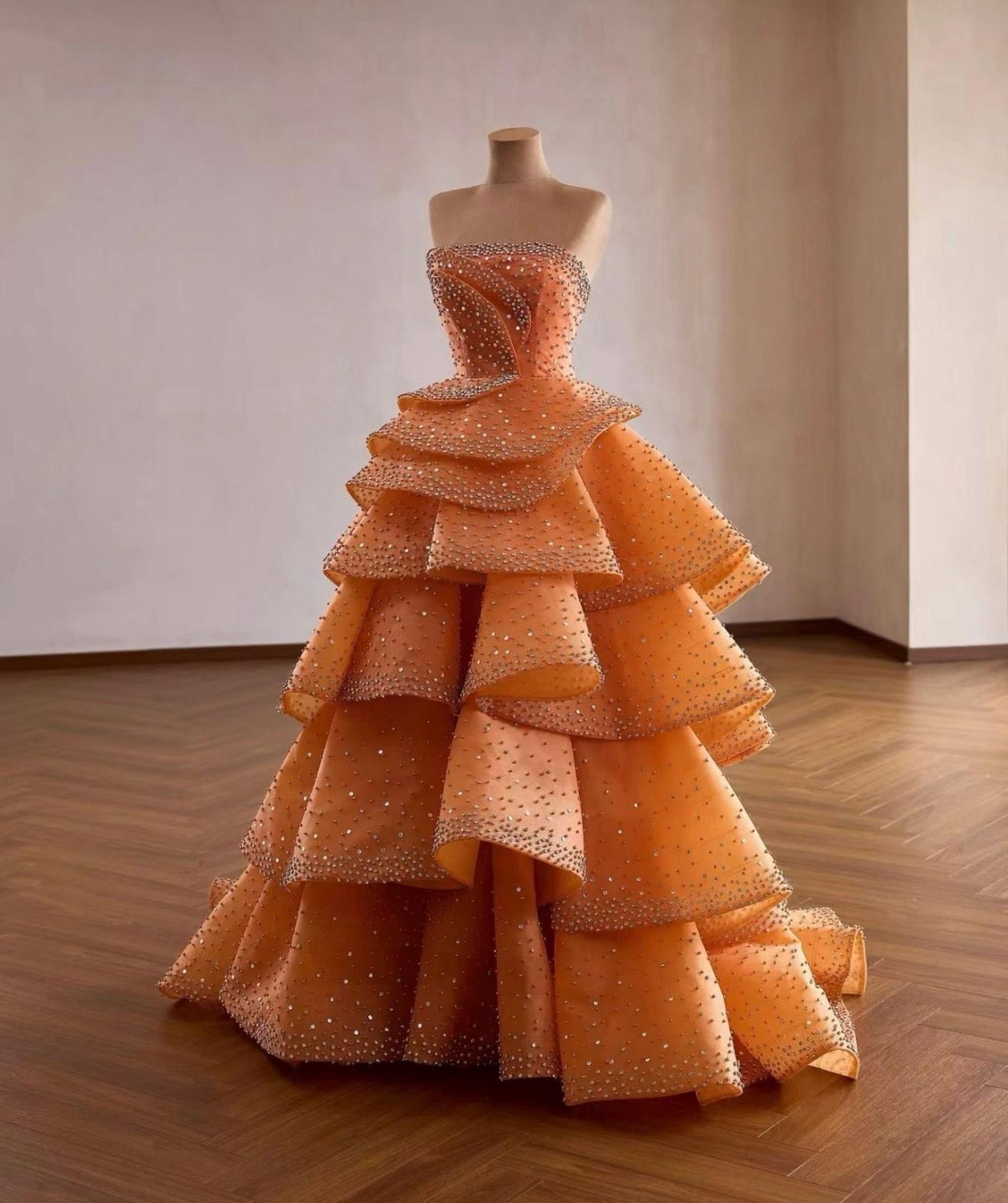 Strapless Burnt Orange Rhinestone Tiered Ball Gown, Luxury Ruffled Evening Dress, Formal Prom Dress, Wedding Guest Pageant Gown Custom Size
