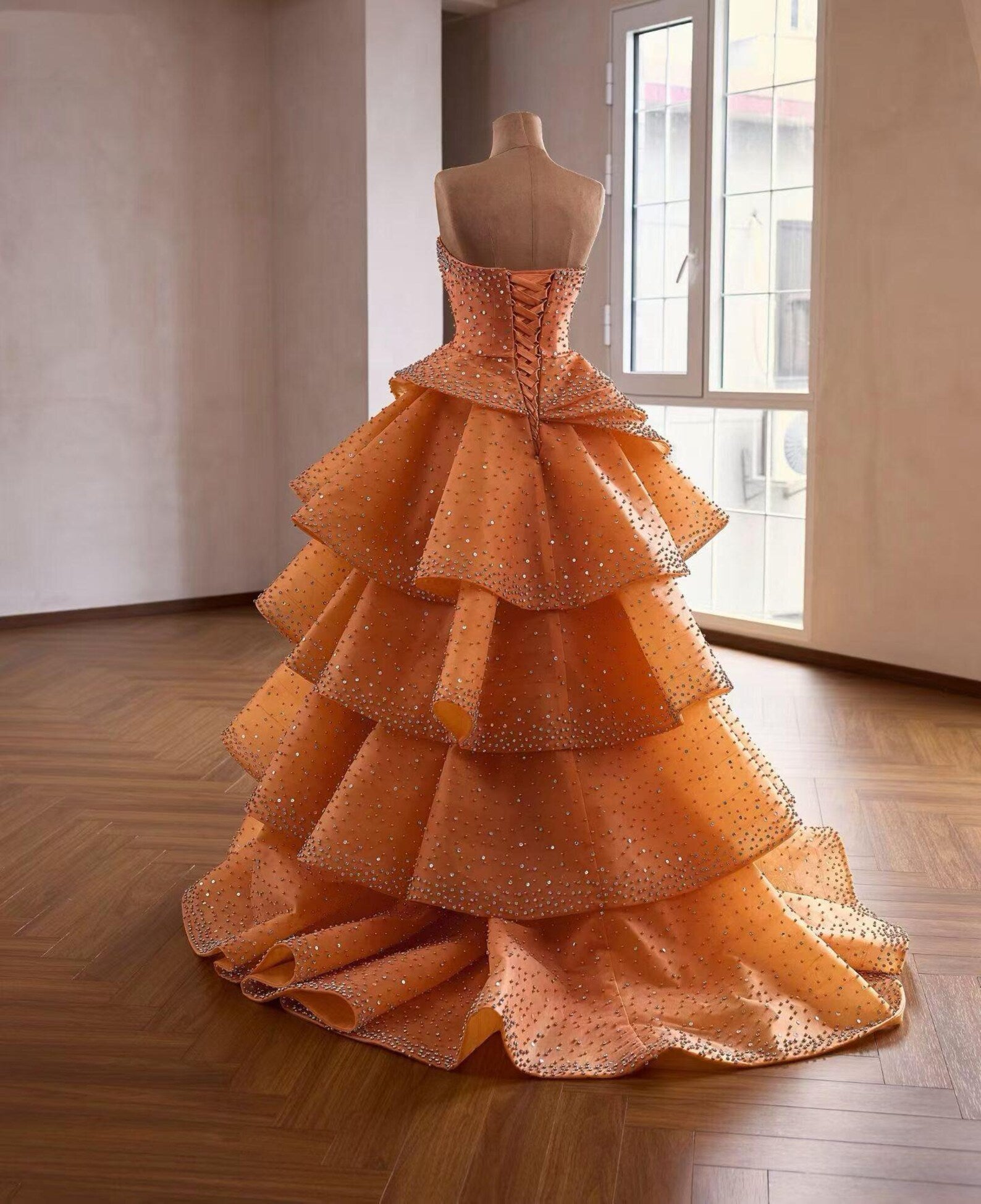 Strapless Burnt Orange Rhinestone Tiered Ball Gown, Luxury Ruffled Evening Dress, Formal Prom Dress, Wedding Guest Pageant Gown Custom Size