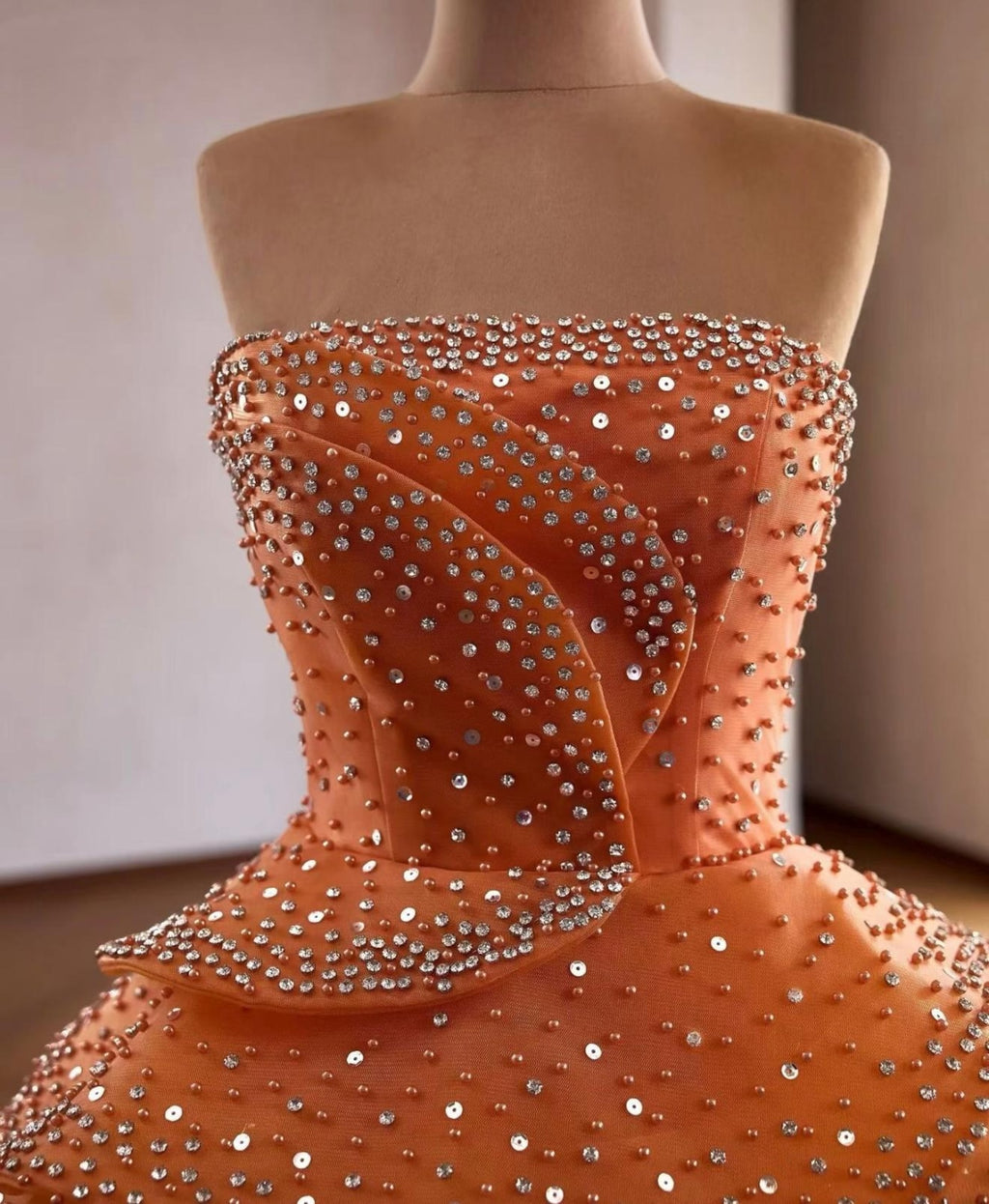 Strapless Burnt Orange Rhinestone Tiered Ball Gown, Luxury Ruffled Evening Dress, Formal Prom Dress, Wedding Guest Pageant Gown Custom Size