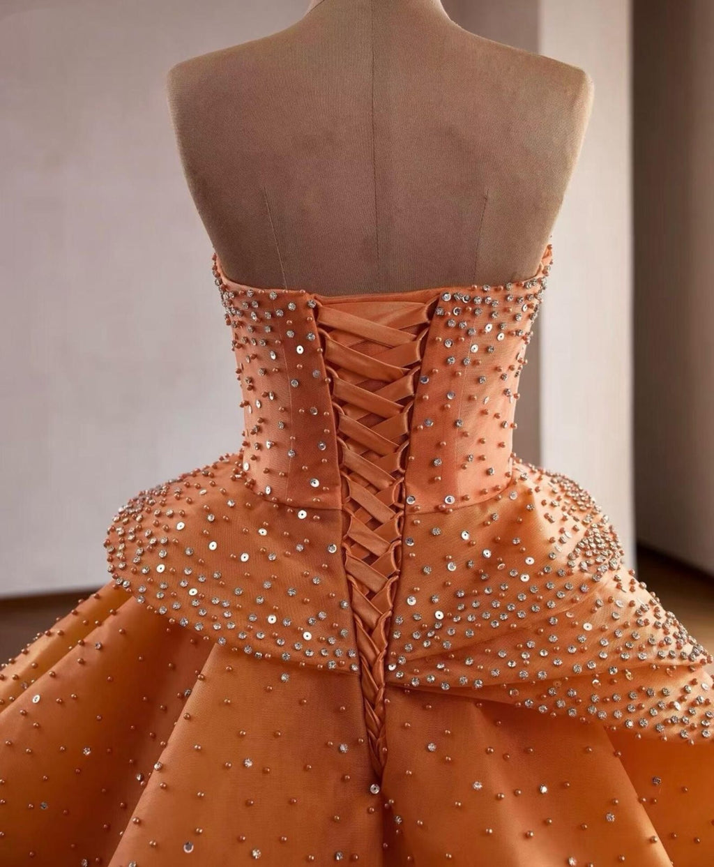 Strapless Burnt Orange Rhinestone Tiered Ball Gown, Luxury Ruffled Evening Dress, Formal Prom Dress, Wedding Guest Pageant Gown Custom Size