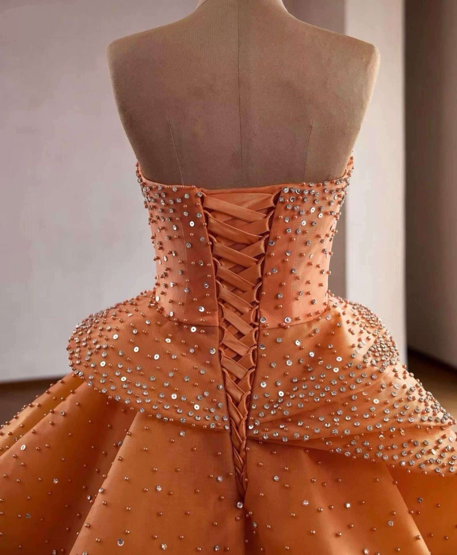 Strapless Burnt Orange Rhinestone Tiered Ball Gown, Luxury Ruffled Evening Dress, Formal Prom Dress, Wedding Guest Pageant Gown Custom Size