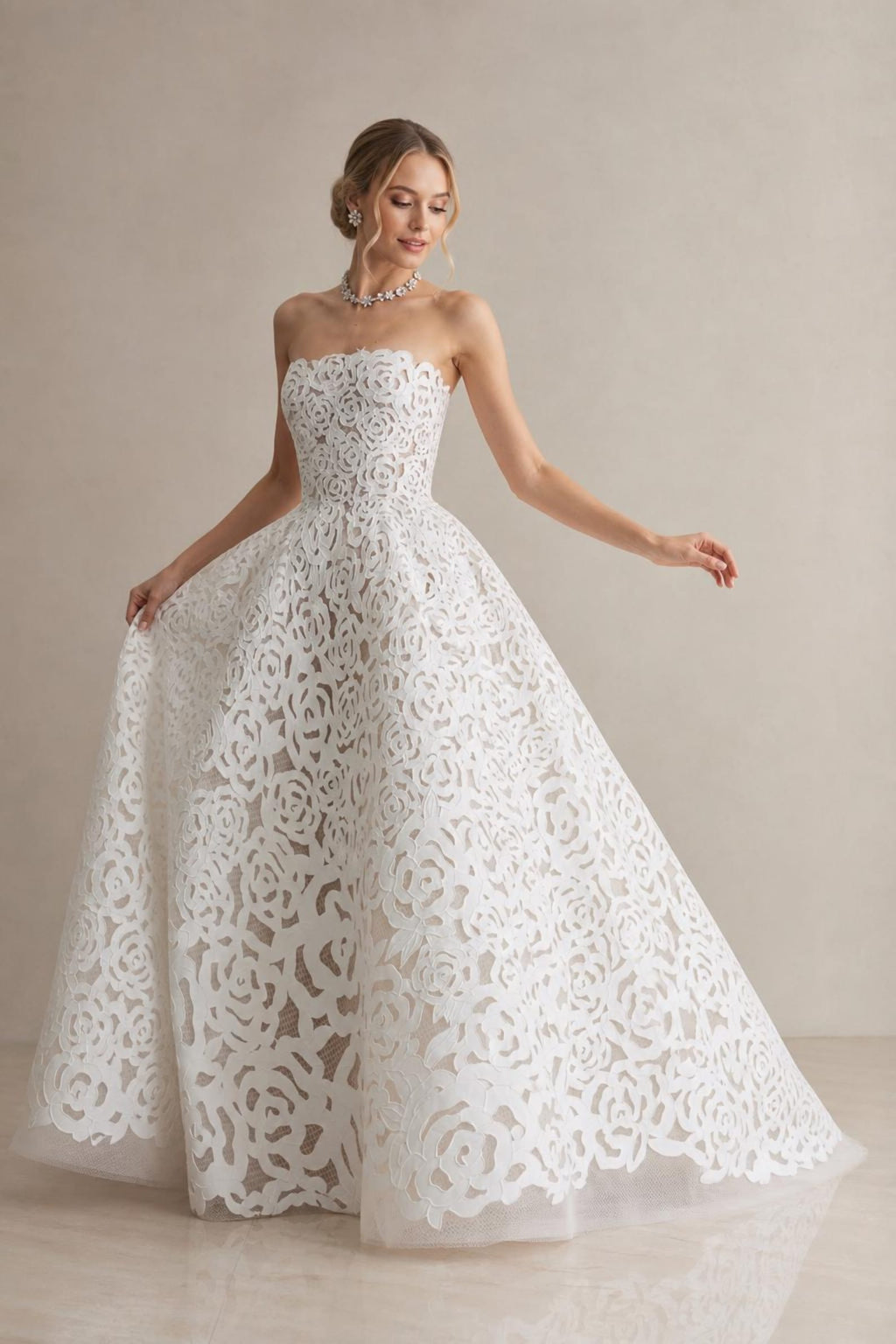 Strapless 3D Rose Lace Ball Gown Wedding Dress, White Floral Cutout Lace Bridal Gown, Custom Size Romantic Wedding Gown With Train