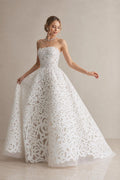 Strapless 3D Rose Lace Ball Gown Wedding Dress, White Floral Cutout Lace Bridal Gown, Custom Size Romantic Wedding Gown With Train