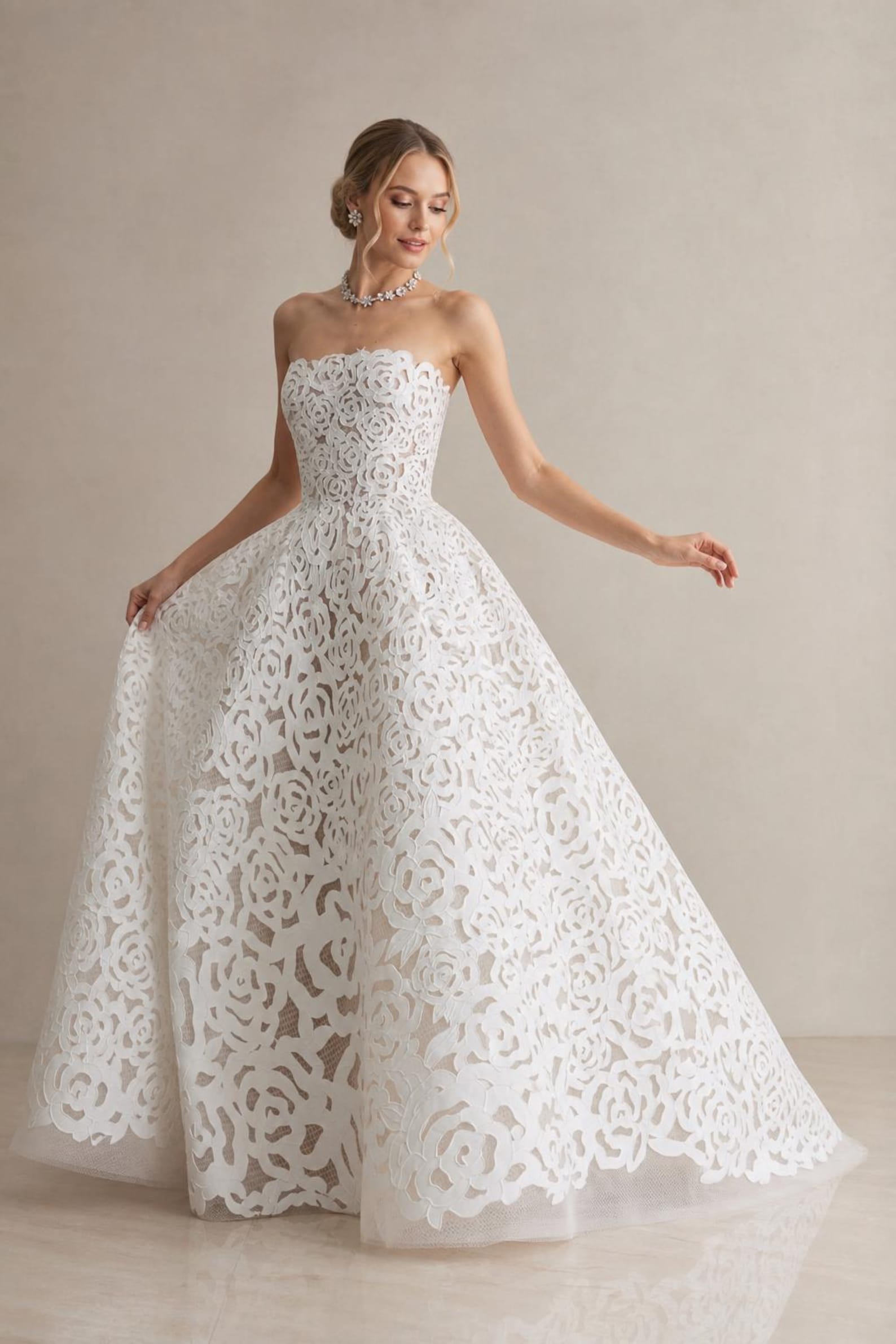 Strapless 3D Rose Lace Ball Gown Wedding Dress, White Floral Cutout Lace Bridal Gown, Custom Size Romantic Wedding Gown With Train