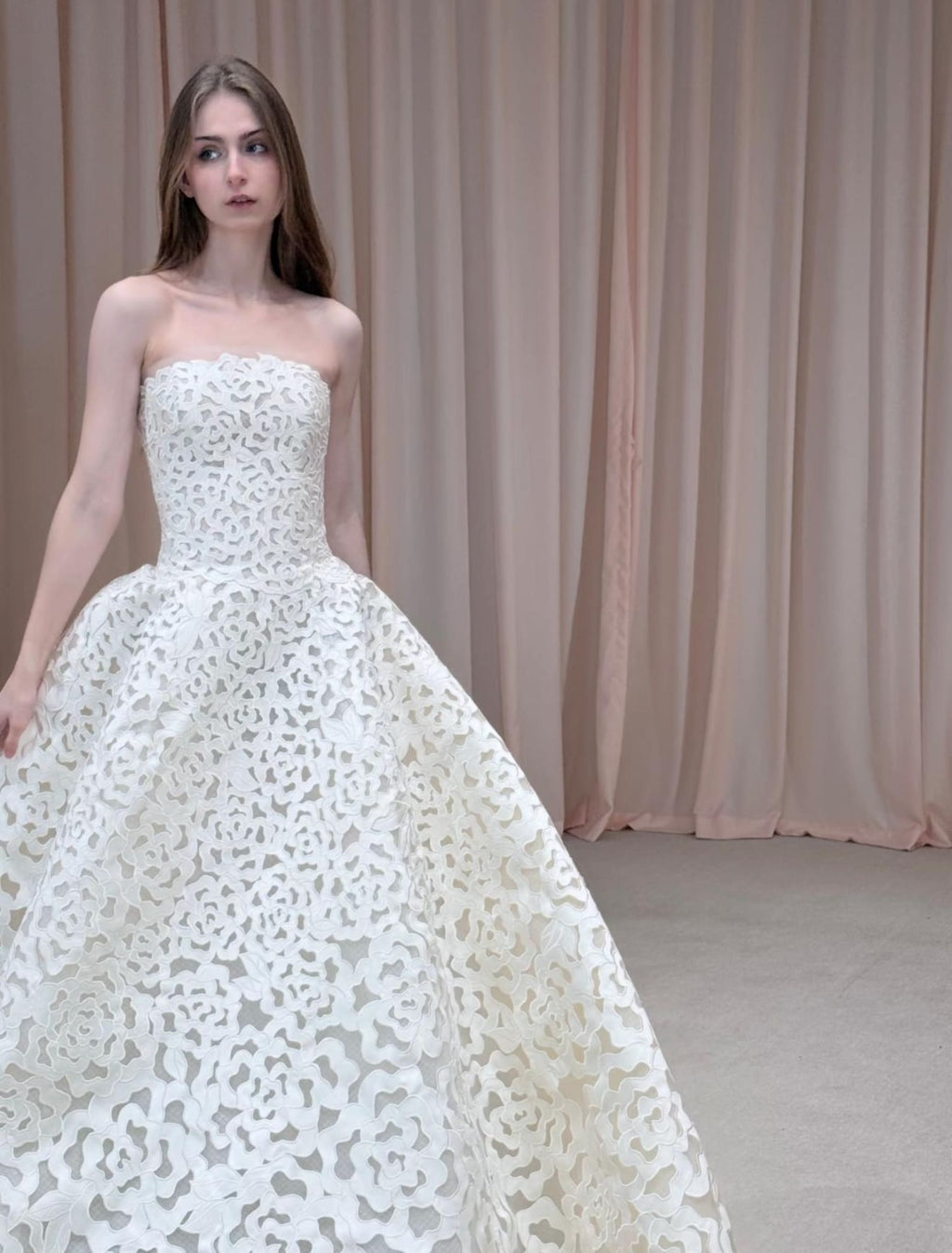 Strapless 3D Rose Lace Ball Gown Wedding Dress, White Floral Cutout Lace Bridal Gown, Custom Size Romantic Wedding Gown With Train