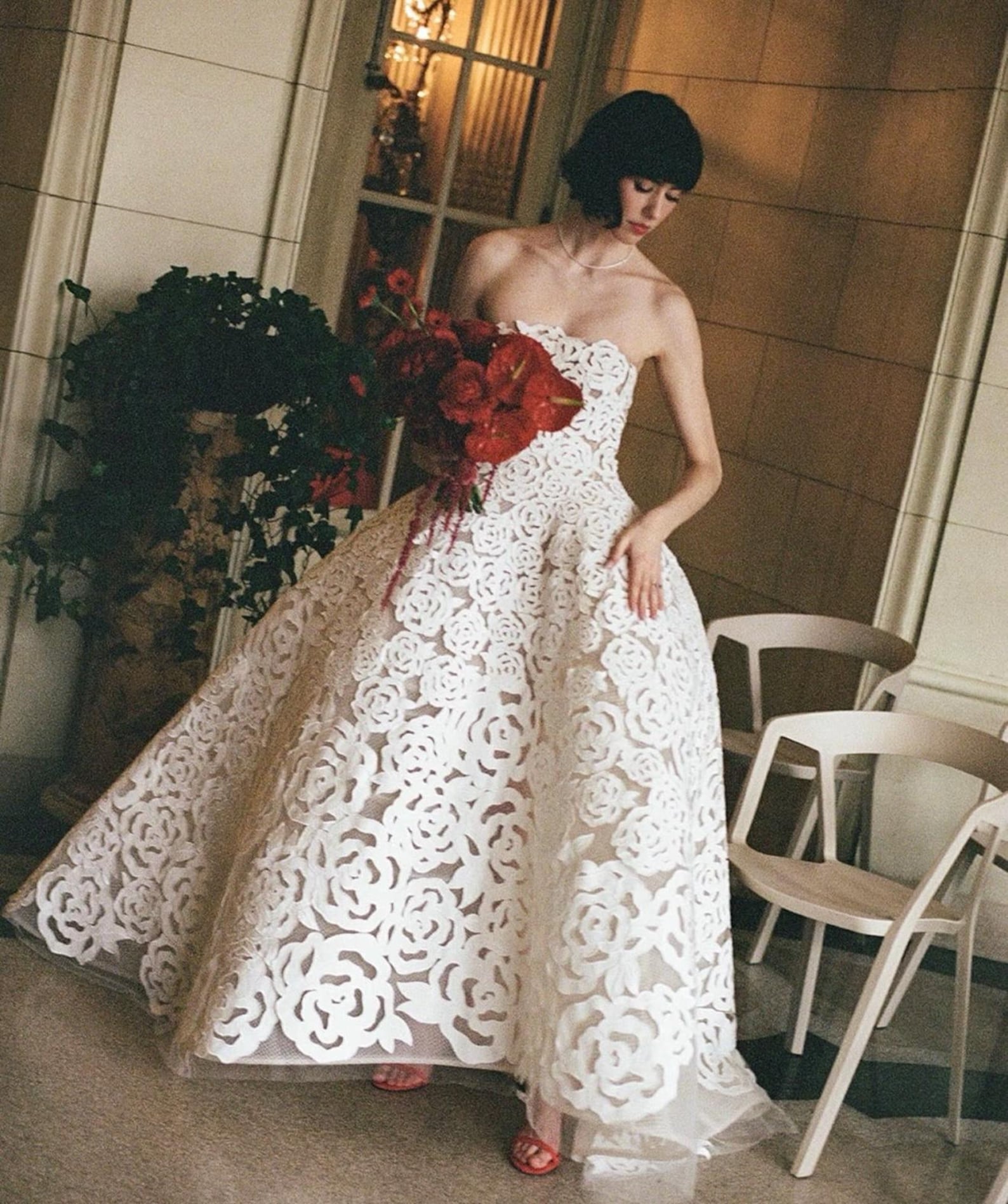 Strapless 3D Rose Lace Ball Gown Wedding Dress, White Floral Cutout Lace Bridal Gown, Custom Size Romantic Wedding Gown With Train