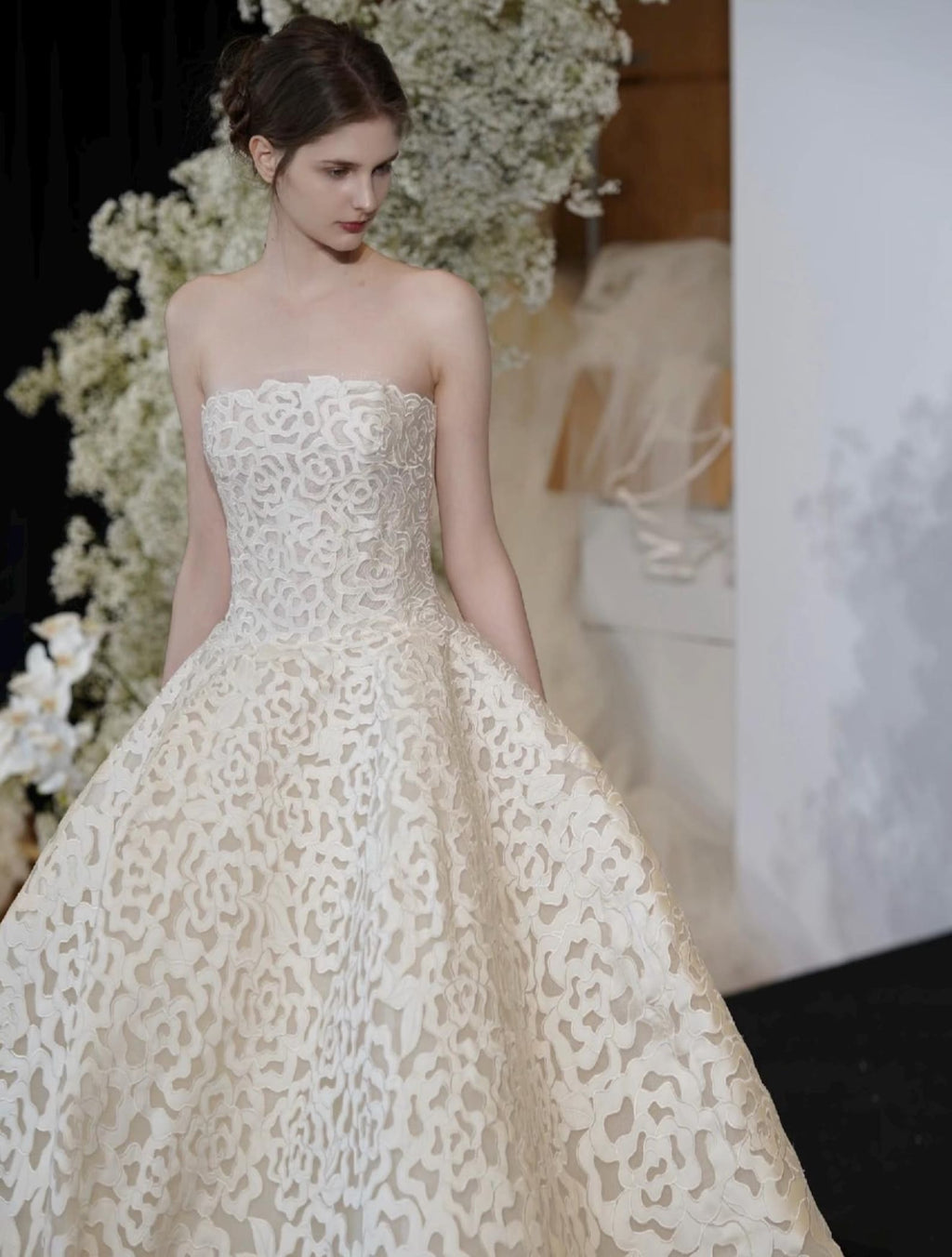 Strapless 3D Rose Lace Ball Gown Wedding Dress, White Floral Cutout Lace Bridal Gown, Custom Size Romantic Wedding Gown With Train