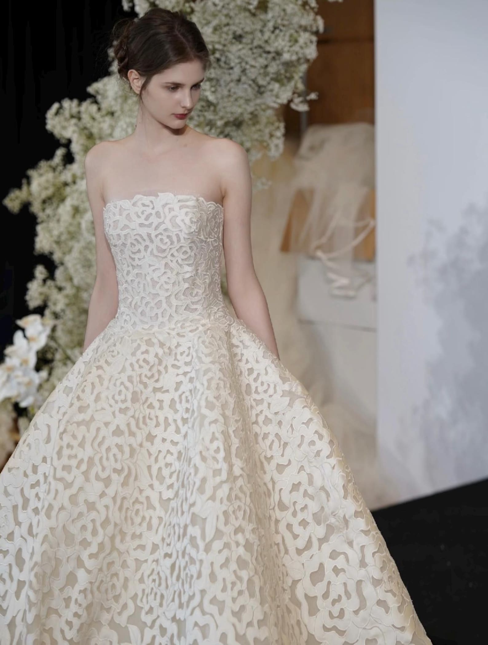 Strapless 3D Rose Lace Ball Gown Wedding Dress, White Floral Cutout Lace Bridal Gown, Custom Size Romantic Wedding Gown With Train