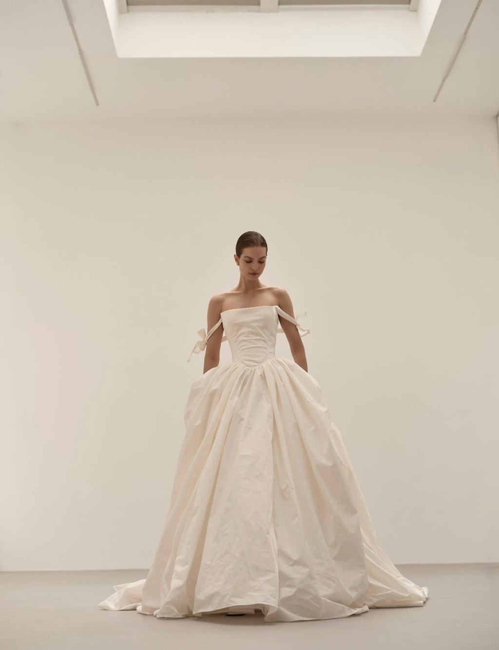 Minimalist Off Shoulder Bow Strap Wedding Gown, Draped Sweetheart Taffeta Ballgown With Pockets, Custom Made Bridal Dress