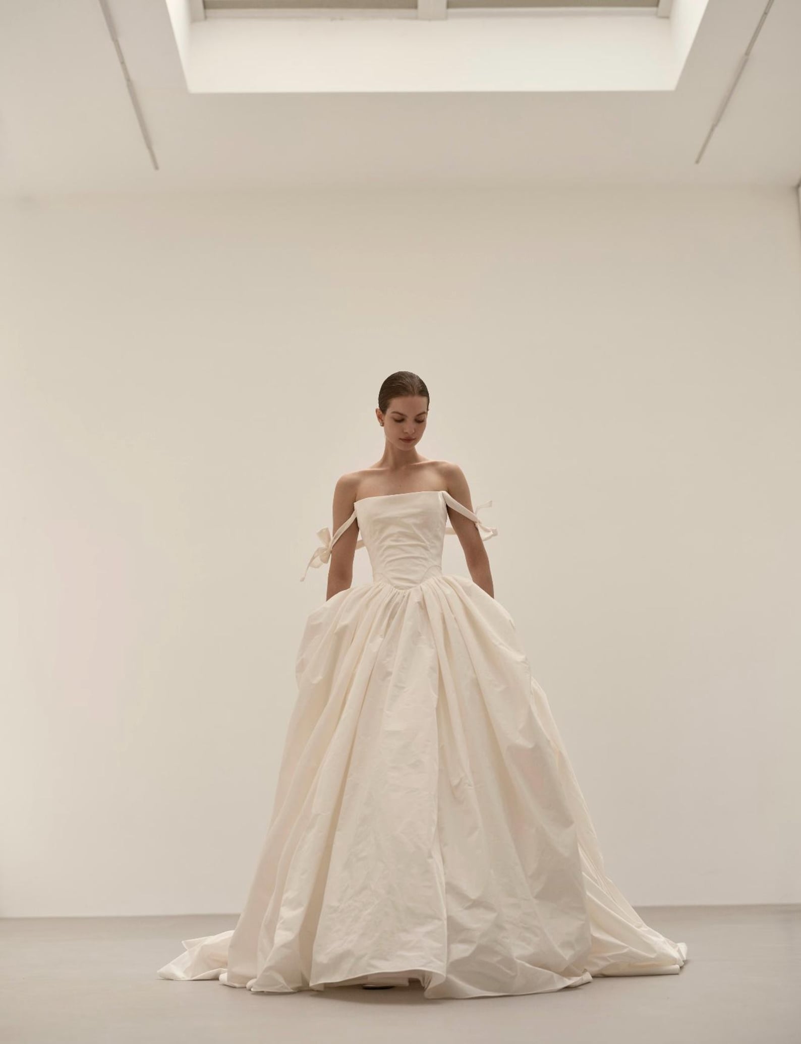 Minimalist Off Shoulder Bow Strap Wedding Gown, Draped Sweetheart Taffeta Ballgown With Pockets, Custom Made Bridal Dress