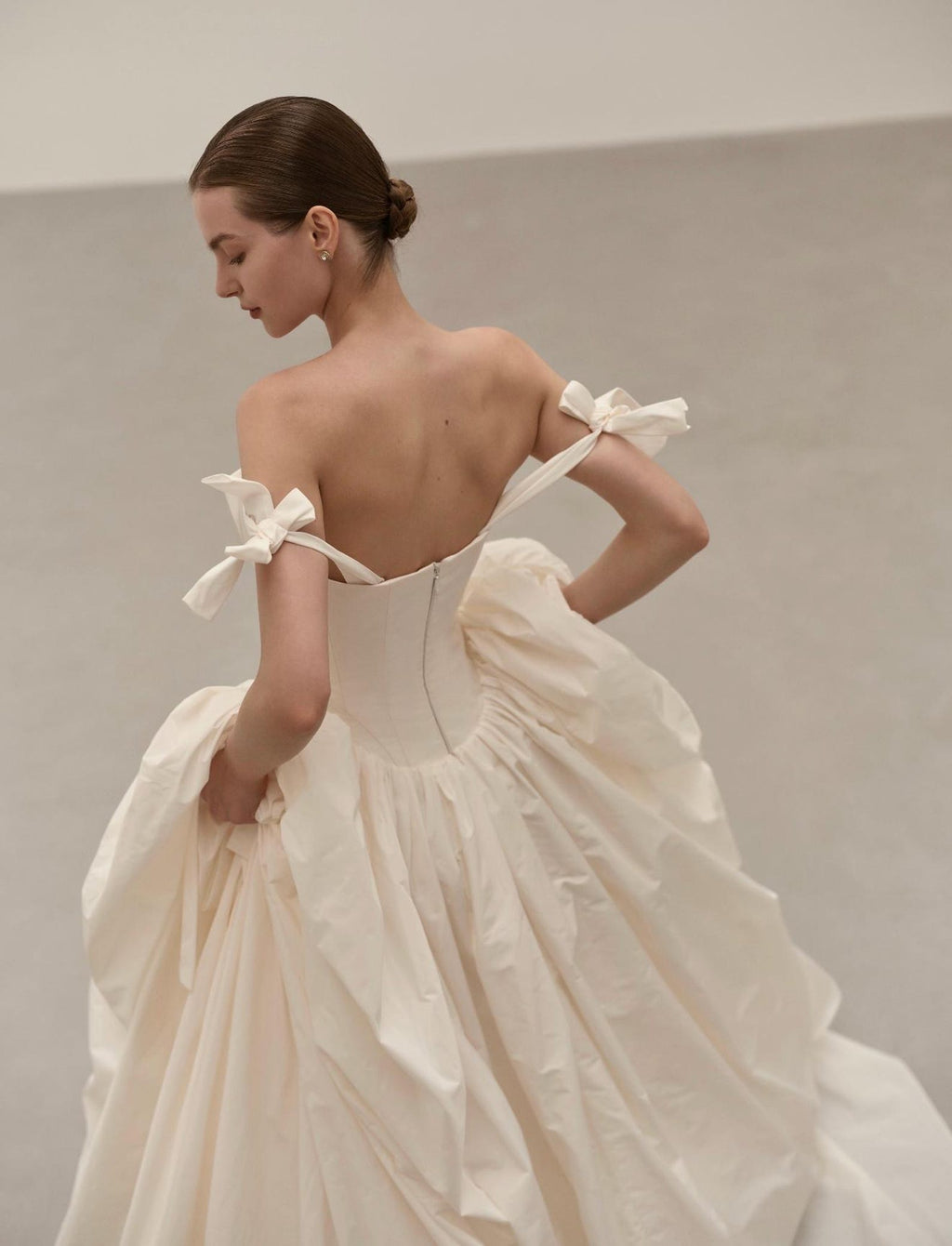 Minimalist Off Shoulder Bow Strap Wedding Gown, Draped Sweetheart Taffeta Ballgown With Pockets, Custom Made Bridal Dress