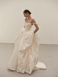 Minimalist Off Shoulder Bow Strap Wedding Gown, Draped Sweetheart Taffeta Ballgown With Pockets, Custom Made Bridal Dress