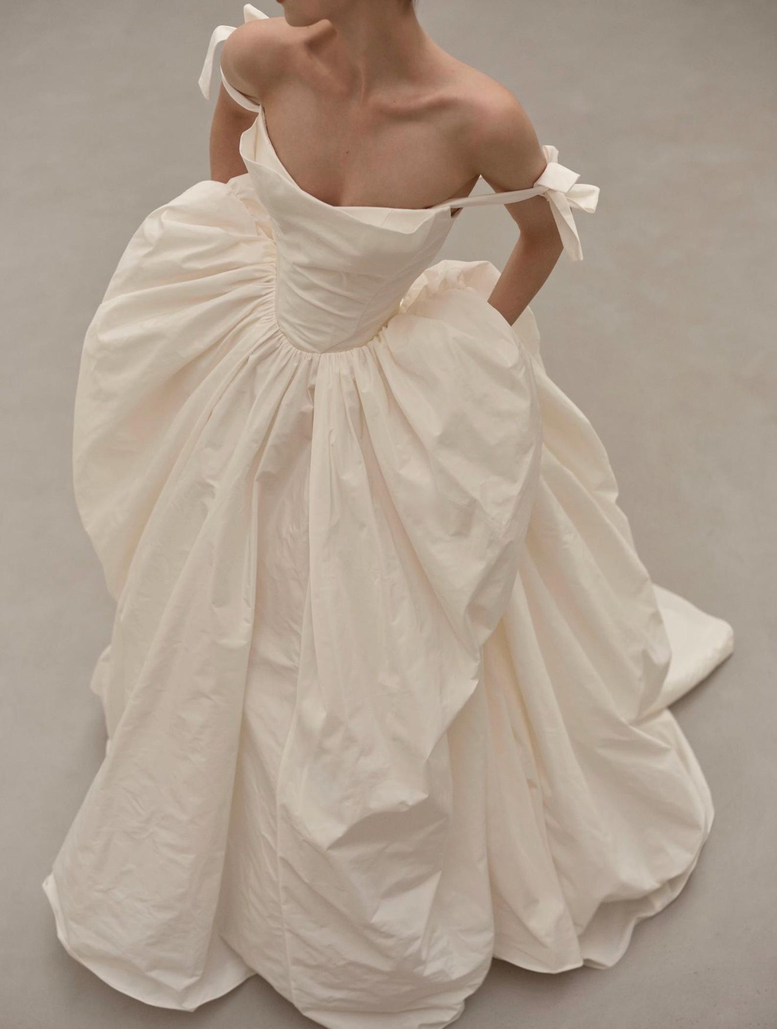 Minimalist Off Shoulder Bow Strap Wedding Gown, Draped Sweetheart Taffeta Ballgown With Pockets, Custom Made Bridal Dress
