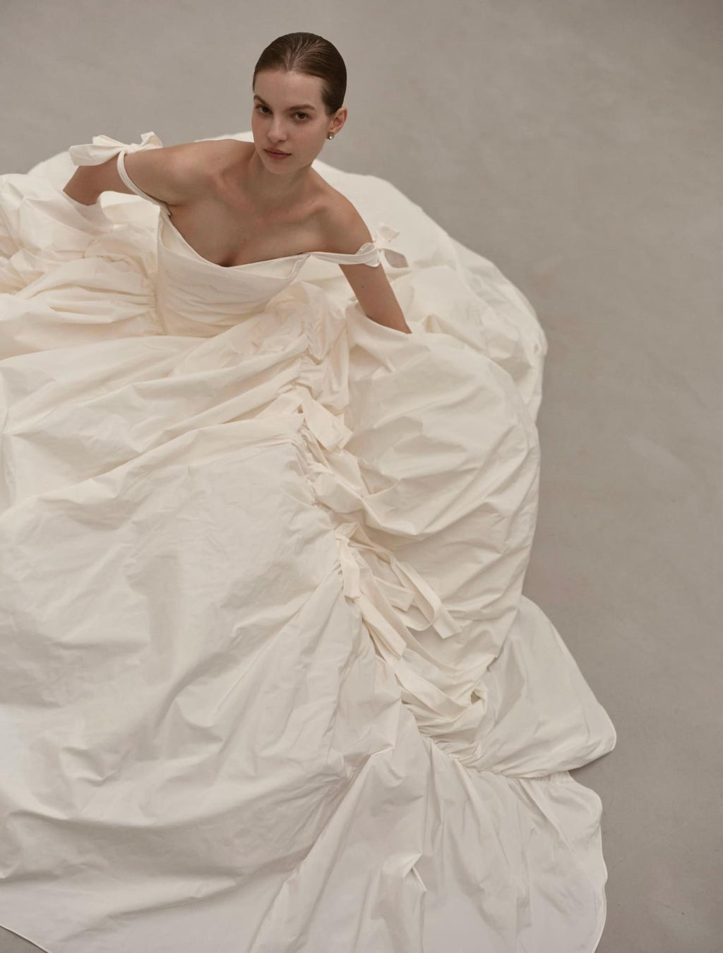 Minimalist Off Shoulder Bow Strap Wedding Gown, Draped Sweetheart Taffeta Ballgown With Pockets, Custom Made Bridal Dress