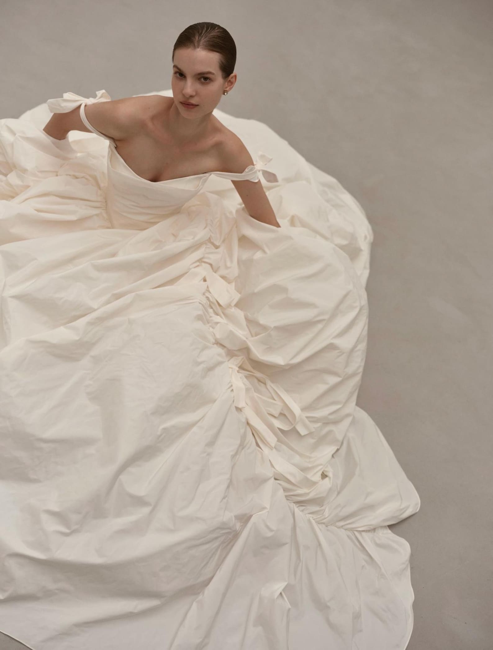 Minimalist Off Shoulder Bow Strap Wedding Gown, Draped Sweetheart Taffeta Ballgown With Pockets, Custom Made Bridal Dress