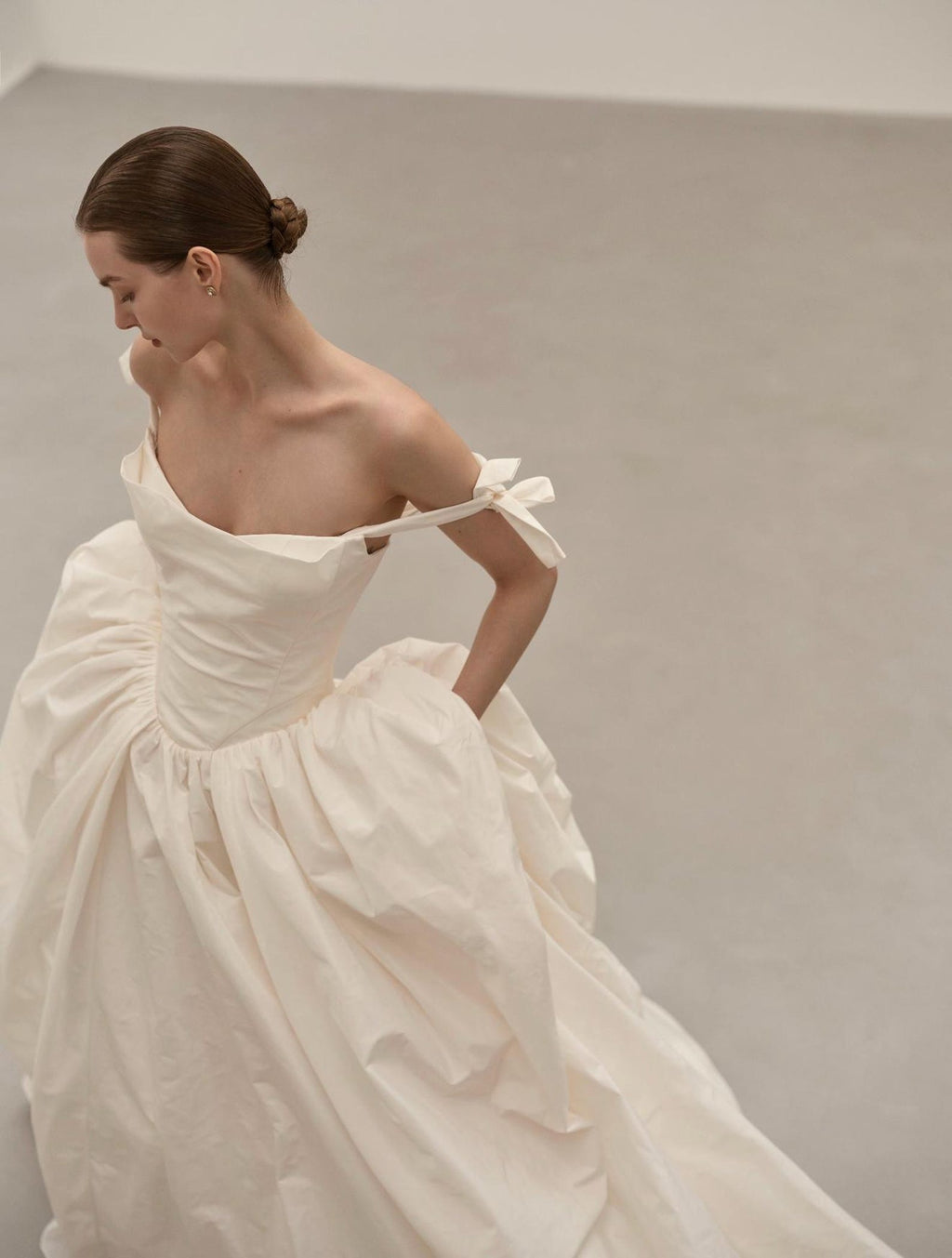 Minimalist Off Shoulder Bow Strap Wedding Gown, Draped Sweetheart Taffeta Ballgown With Pockets, Custom Made Bridal Dress