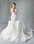 Minimalist Strapless Pleated Mermaid Wedding Gown, Ruffle Trim Neckline Chiffon Fit-and-Flare Bridal Dress With Dramatic Train