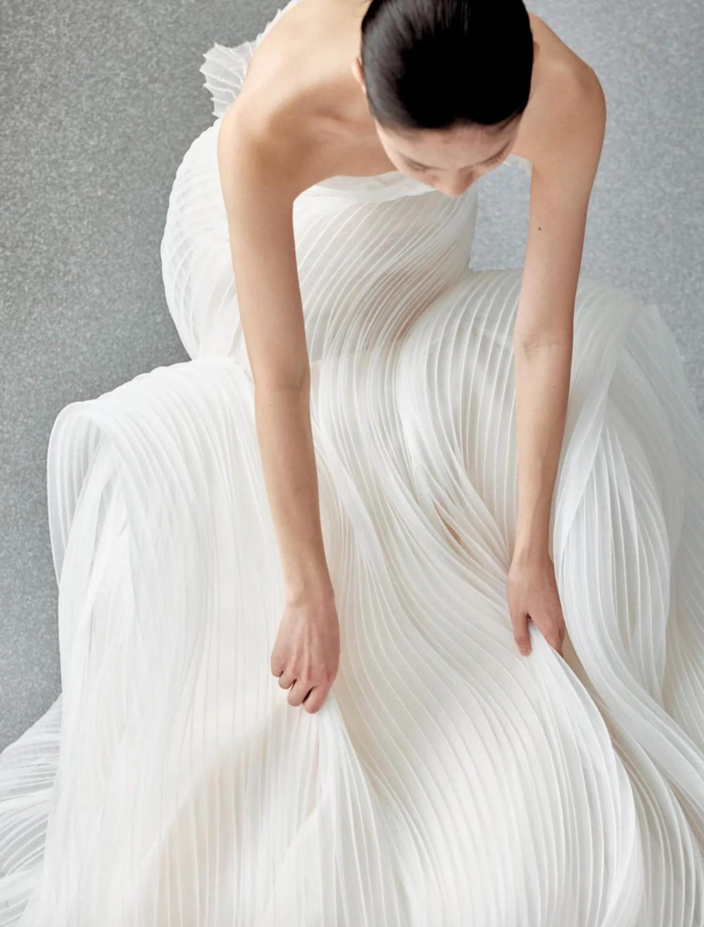 Minimalist Strapless Pleated Mermaid Wedding Gown, Ruffle Trim Neckline Chiffon Fit-and-Flare Bridal Dress With Dramatic Train