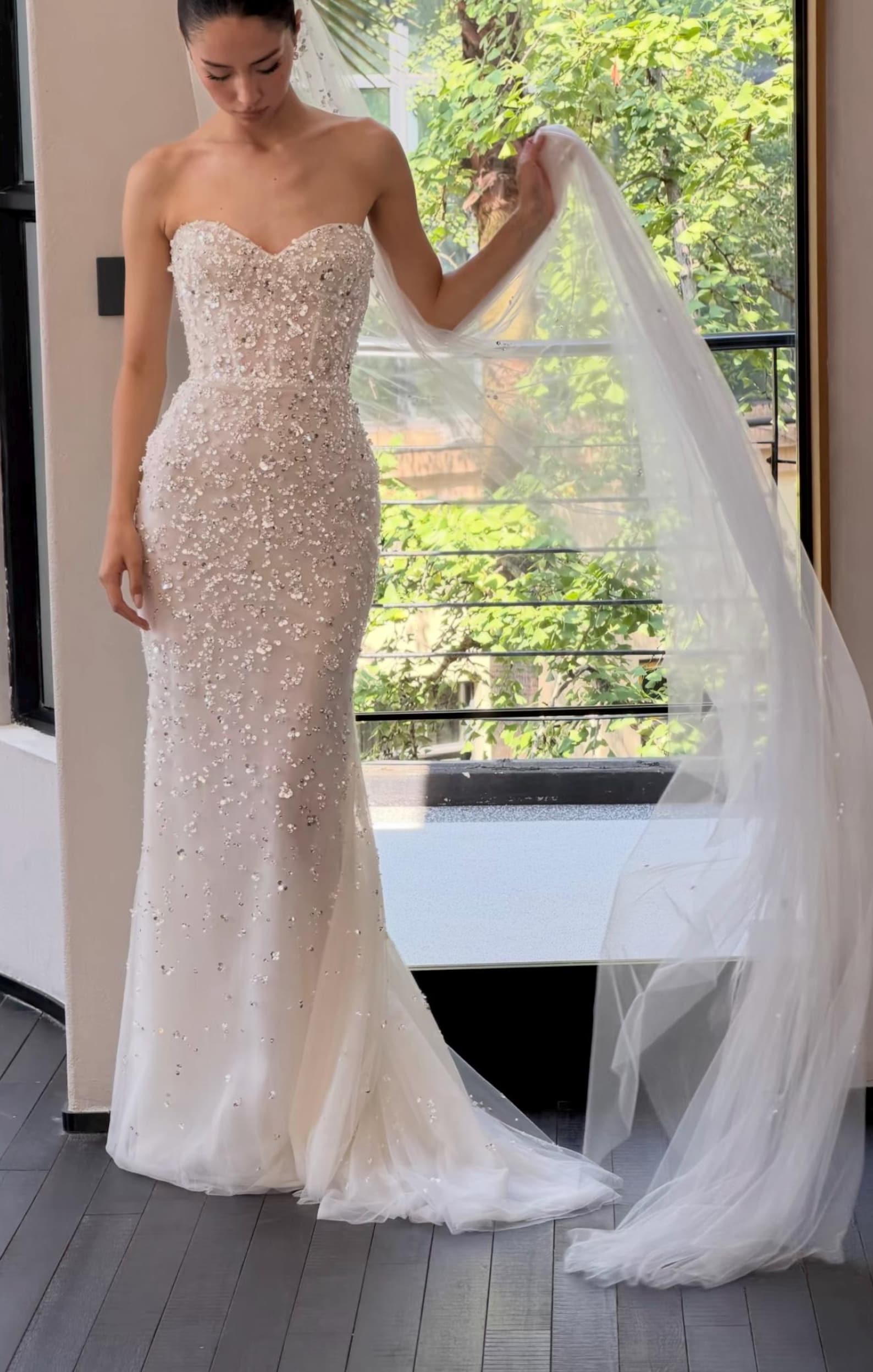 Luxury Strapless Sweetheart Corset Wedding Gown, All Over Sequin Beaded Mermaid Bridal Dress, Sparkly Ivory Fit-and-Flare Wedding Dress