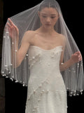 Minimalist Sheer Tulle Wedding Veil, Scattered Crystals & Teardrop Pearl Trim Bridal Veil, Short Fingertip Beaded Veil for Bridal Photoshoot