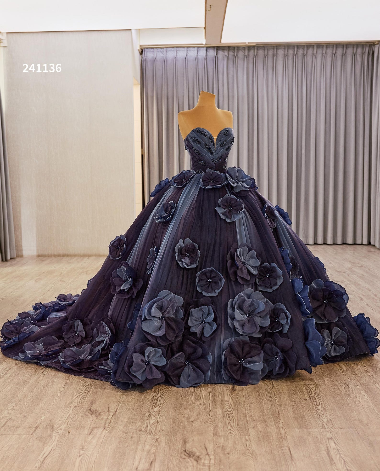 Strapless Sweetheart Dark Navy 3D Floral Ball Gown, Luxury Beaded Long Train Evening Dress, Custom Formal Quinceañera Prom Gown