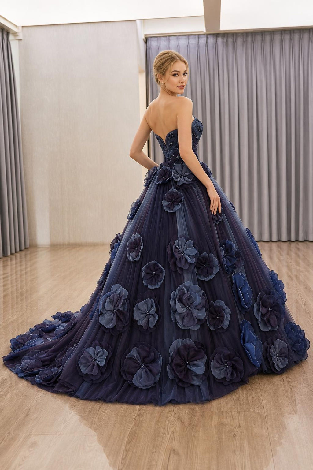 Strapless Sweetheart Dark Navy 3D Floral Ball Gown, Luxury Beaded Long Train Evening Dress, Custom Formal Quinceañera Prom Gown