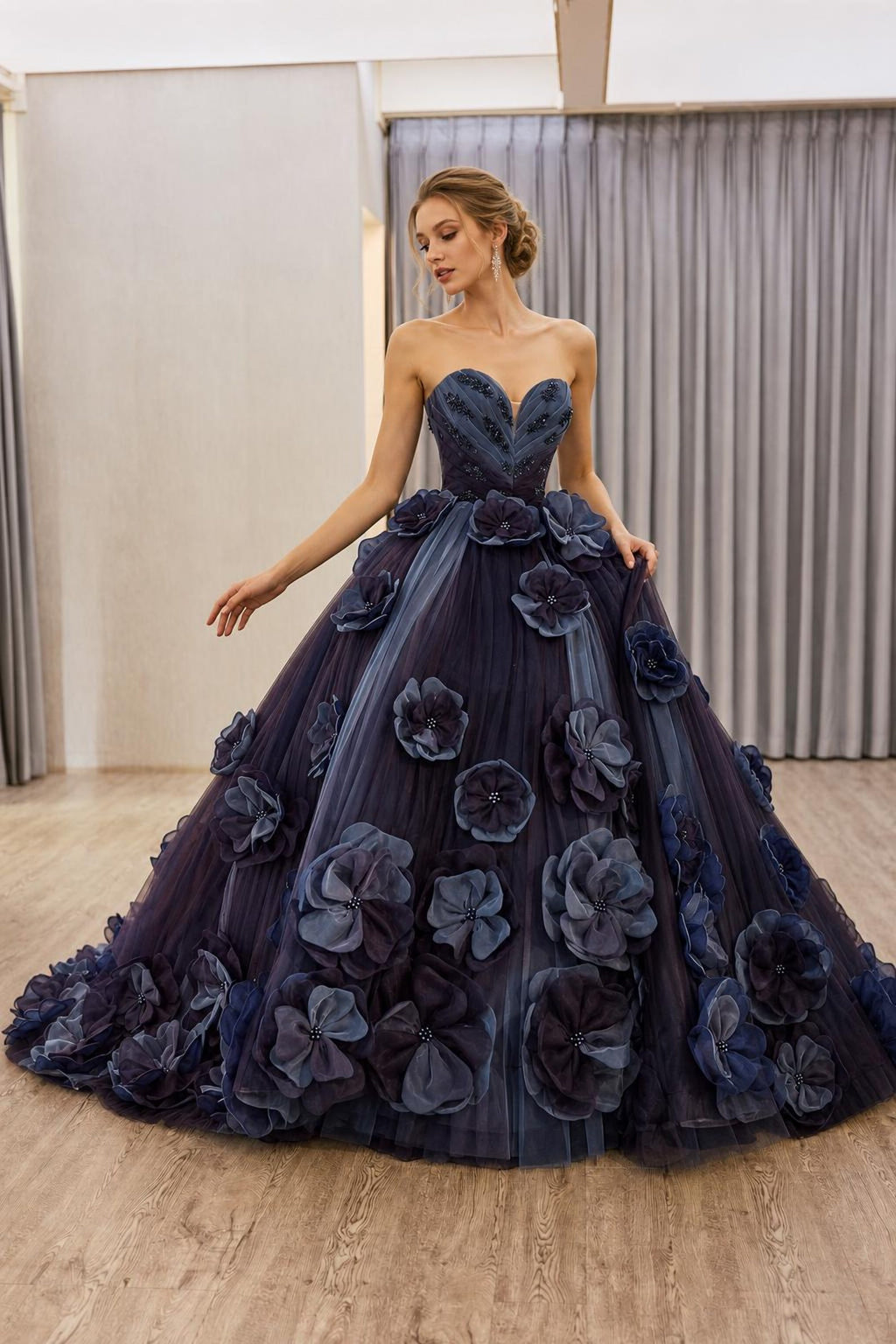 Strapless Sweetheart Dark Navy 3D Floral Ball Gown, Luxury Beaded Long Train Evening Dress, Custom Formal Quinceañera Prom Gown