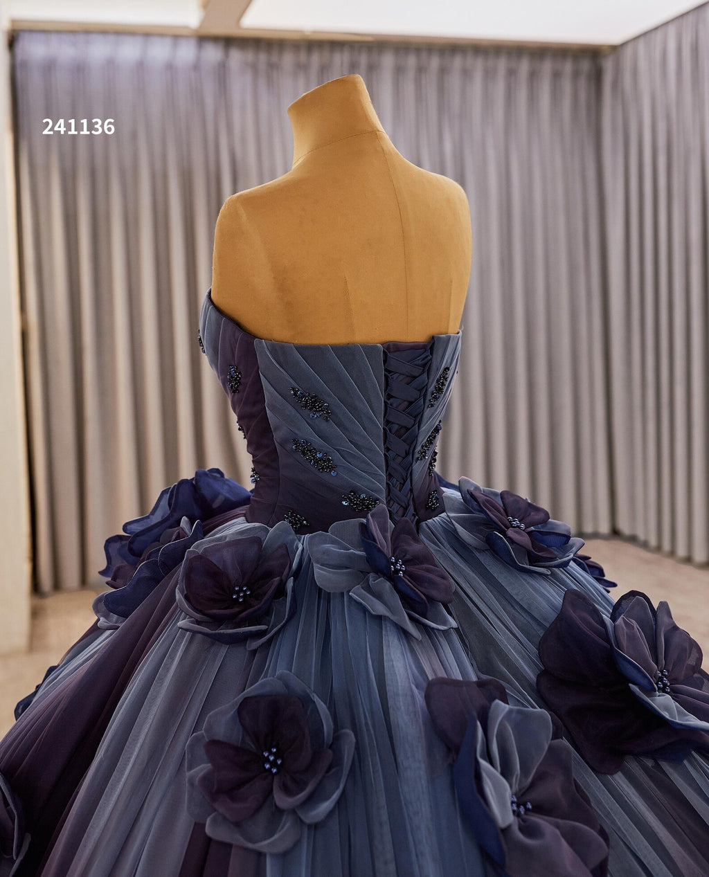Strapless Sweetheart Dark Navy 3D Floral Ball Gown, Luxury Beaded Long Train Evening Dress, Custom Formal Quinceañera Prom Gown