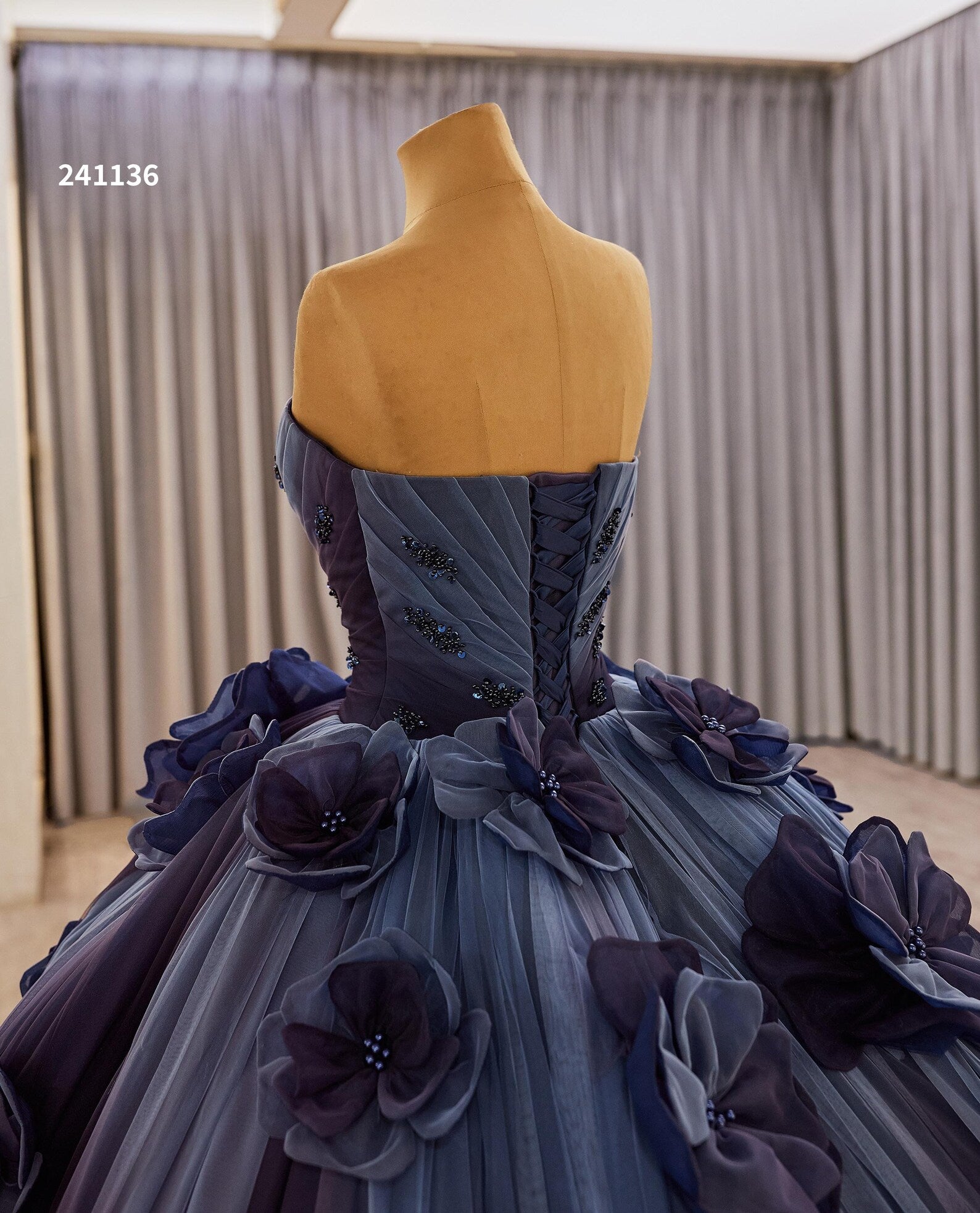 Strapless Sweetheart Dark Navy 3D Floral Ball Gown, Luxury Beaded Long Train Evening Dress, Custom Formal Quinceañera Prom Gown