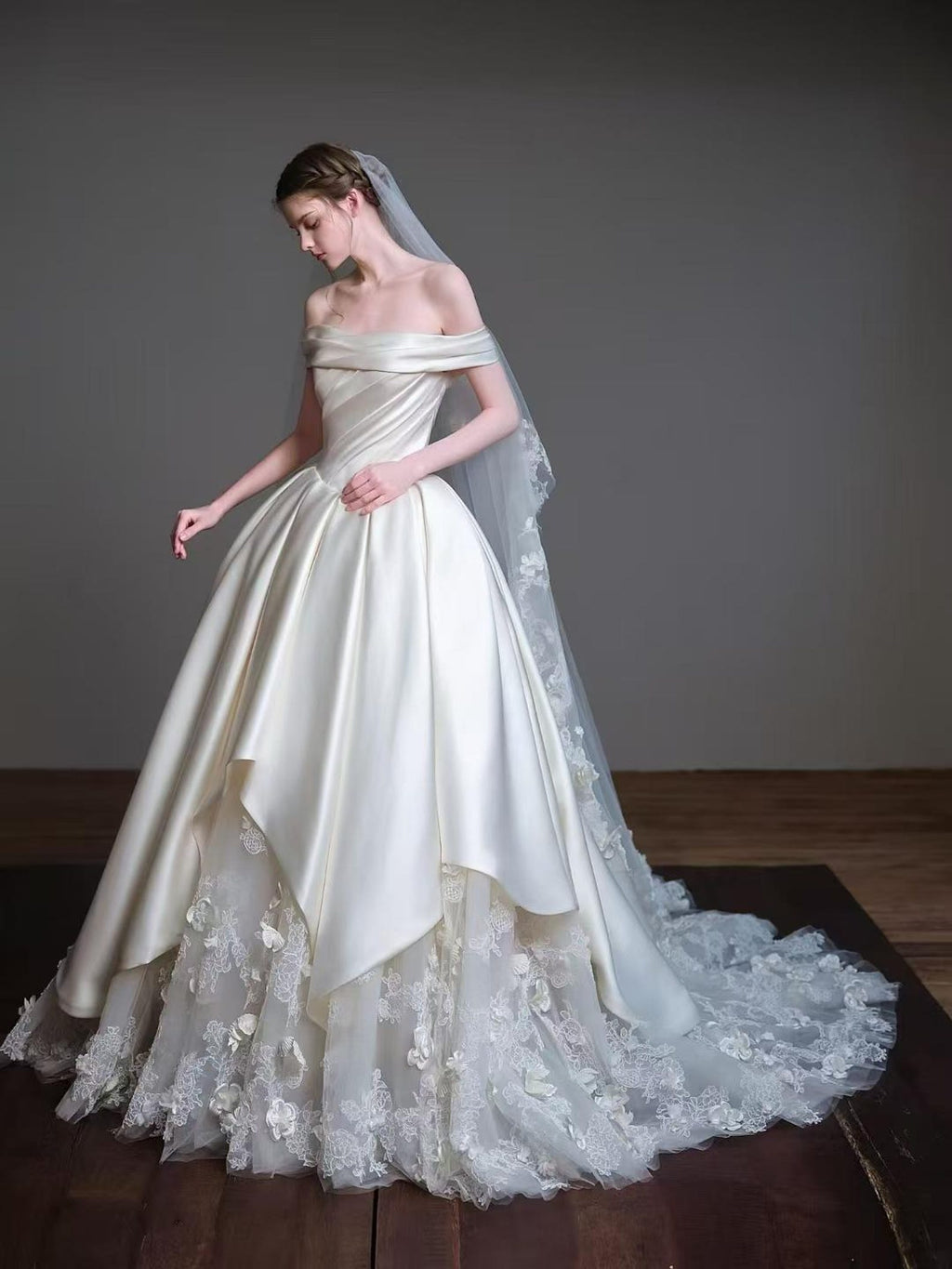 Off Shoulder Satin Ball Gown Wedding Dress, 3D Floral Lace Train Bridal Gown, Luxury Voluminous Wedding Gown