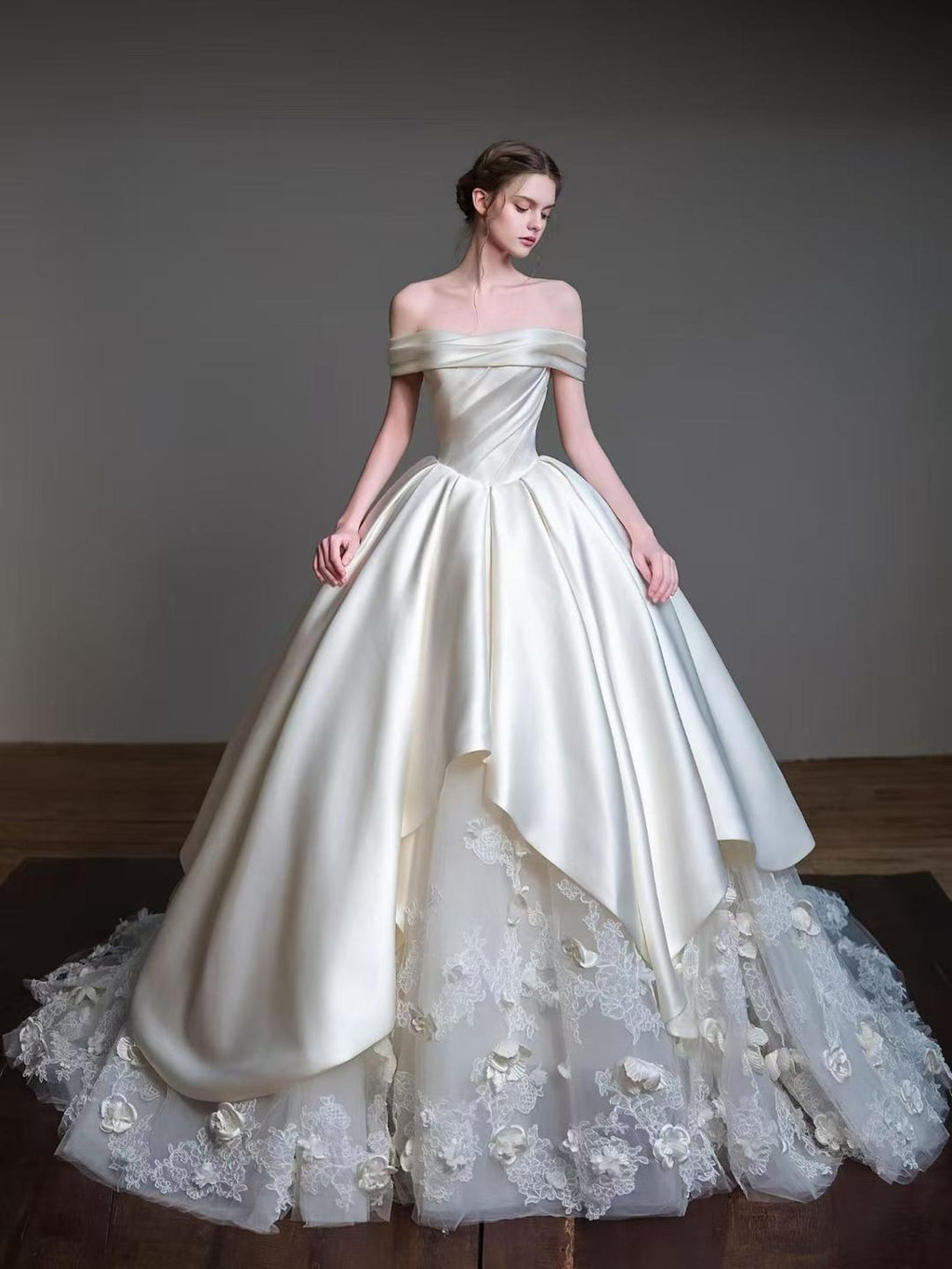Off Shoulder Satin Ball Gown Wedding Dress, 3D Floral Lace Train Bridal Gown, Luxury Voluminous Wedding Gown