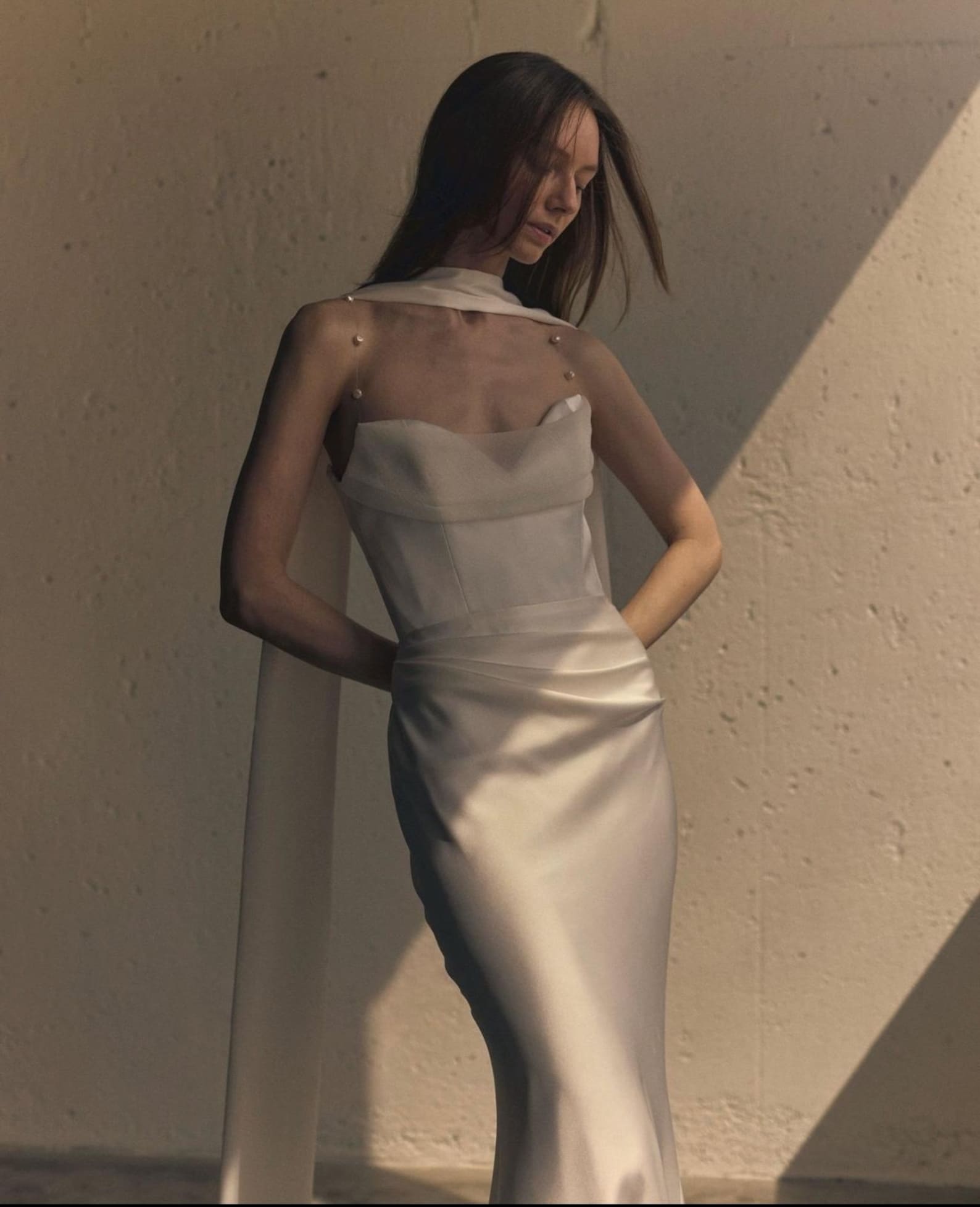 Pearl Strap Draped Satin Mermaid Wedding Dress, Flowing Scarf Neck Minimalist Bridal Gown