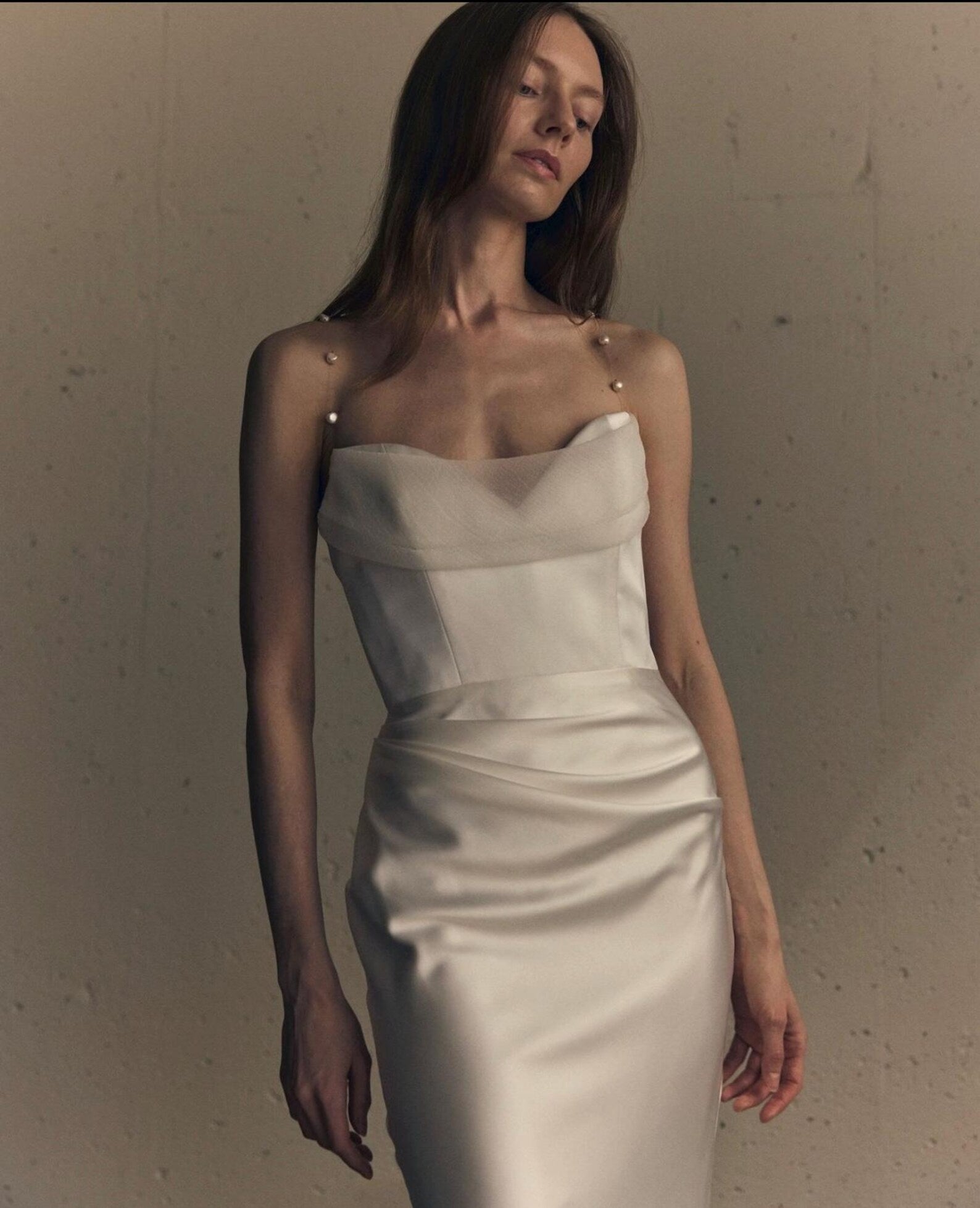 Pearl Strap Draped Satin Mermaid Wedding Dress, Flowing Scarf Neck Minimalist Bridal Gown