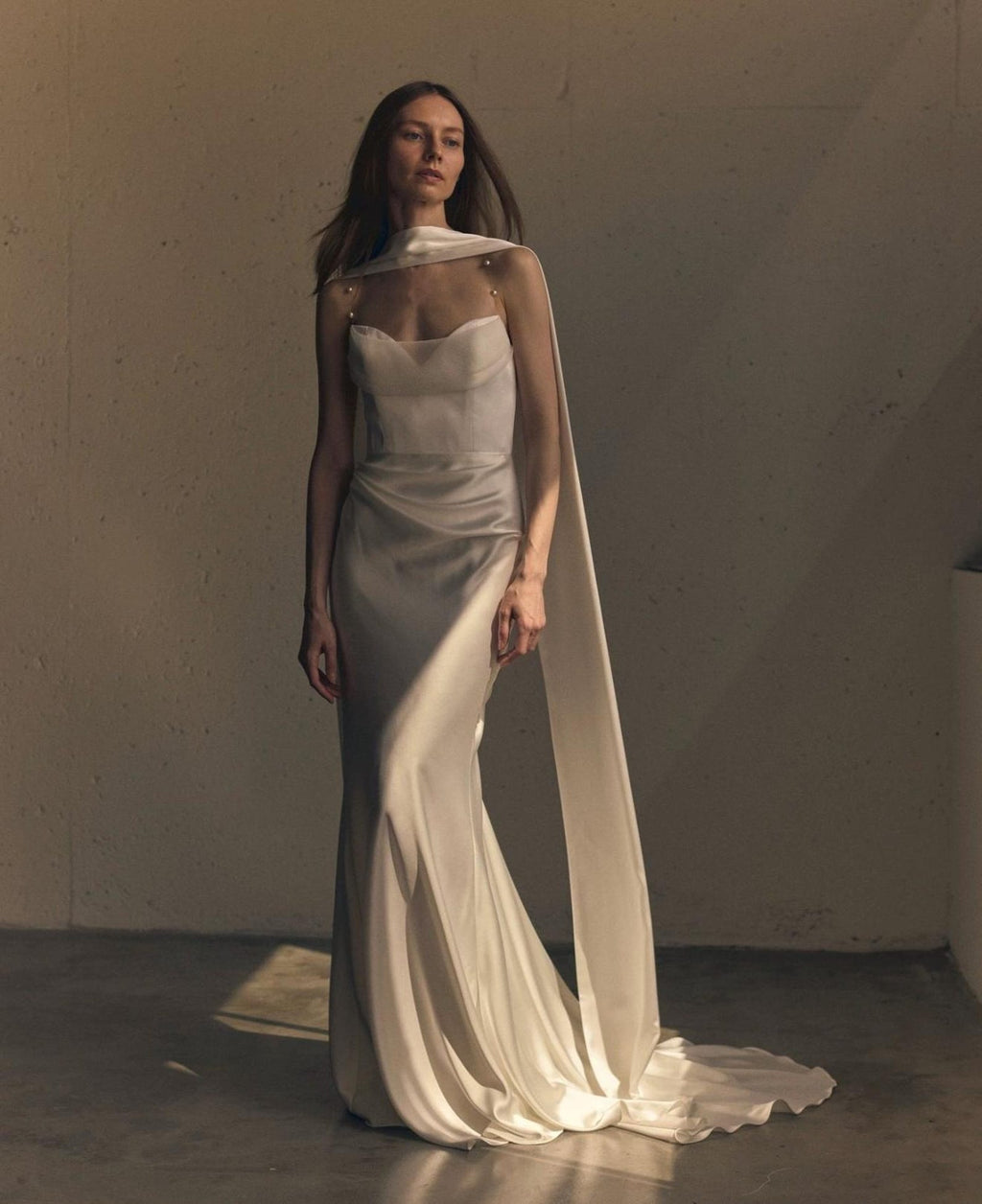 Pearl Strap Draped Satin Mermaid Wedding Dress, Flowing Scarf Neck Minimalist Bridal Gown