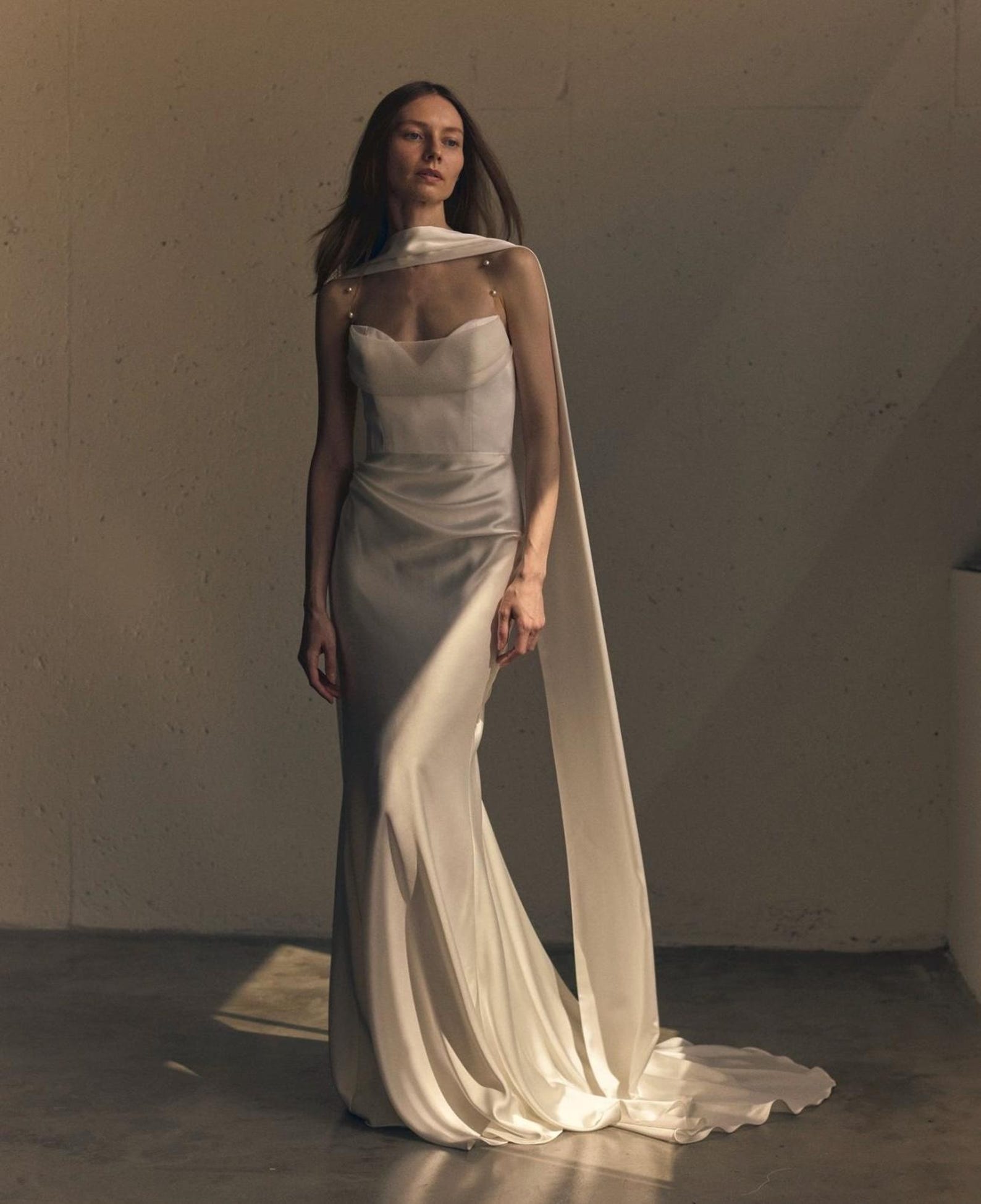 Pearl Strap Draped Satin Mermaid Wedding Dress, Flowing Scarf Neck Minimalist Bridal Gown